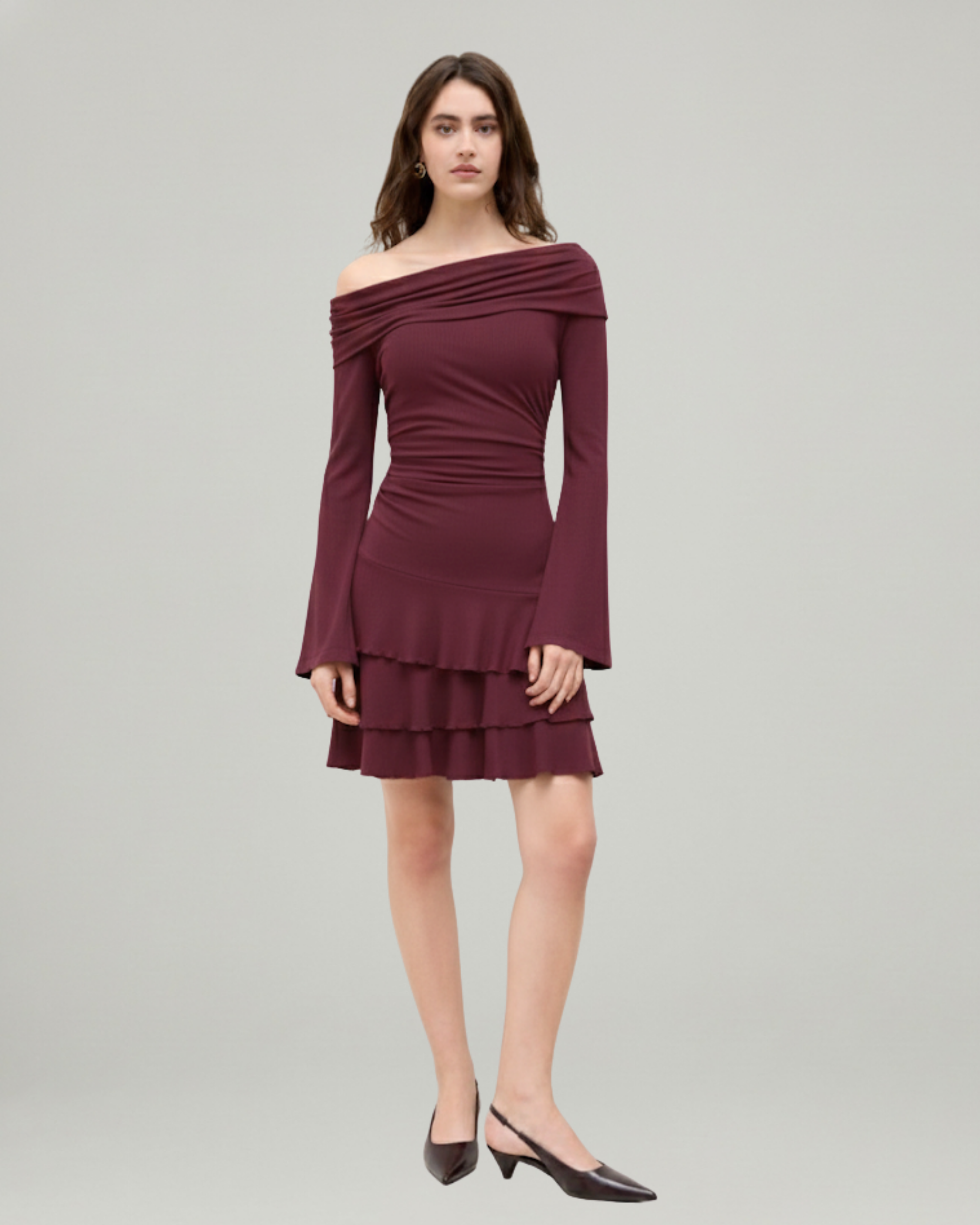 Layered Ruched Mini Dress with Asymmetrical Neckline-Maroon