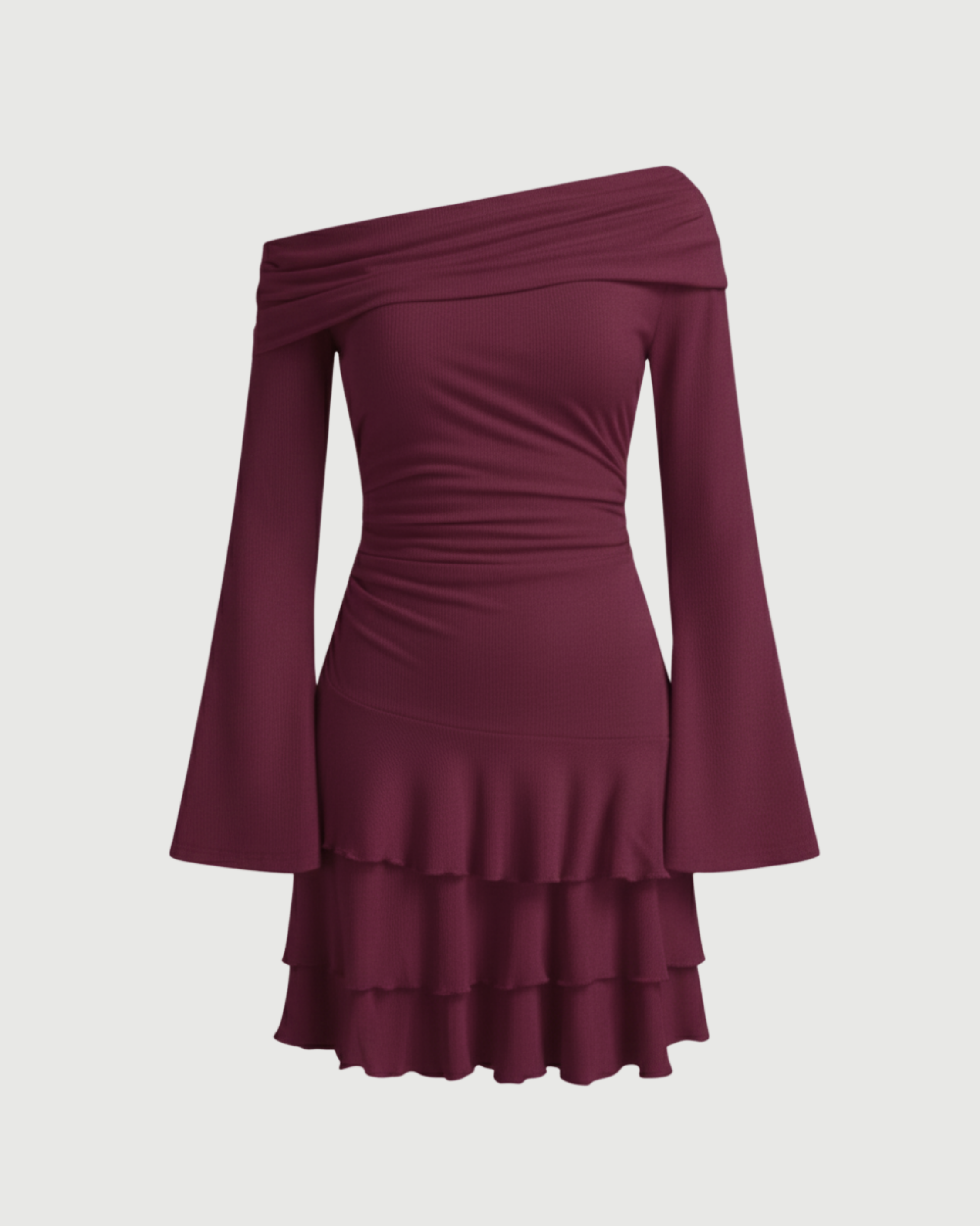 Layered Ruched Mini Dress with Asymmetrical Neckline-Maroon
