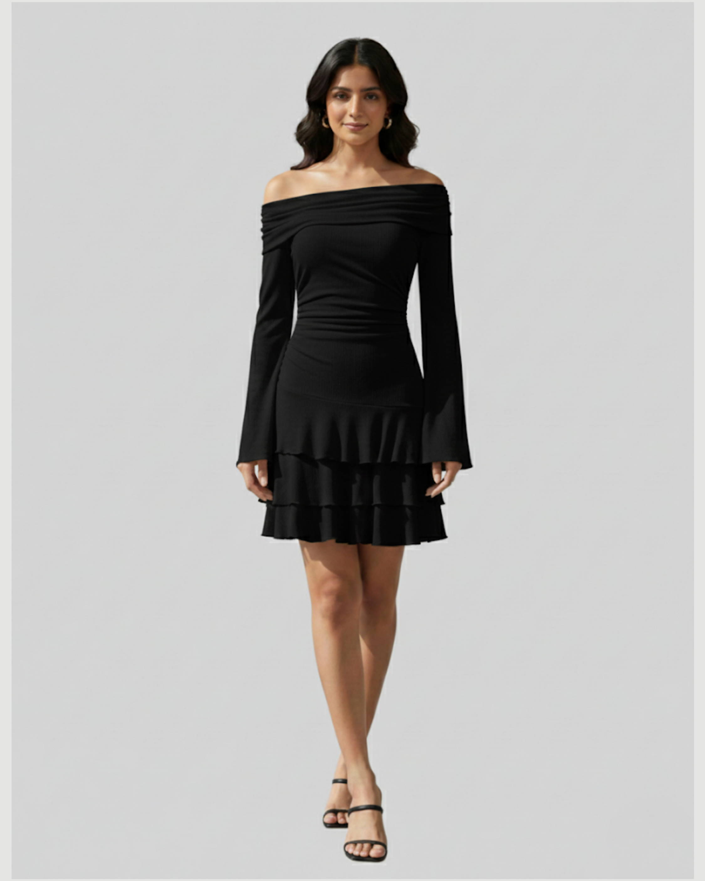 Layered Ruched Mini Dress with Asymmetrical Neckline - Black