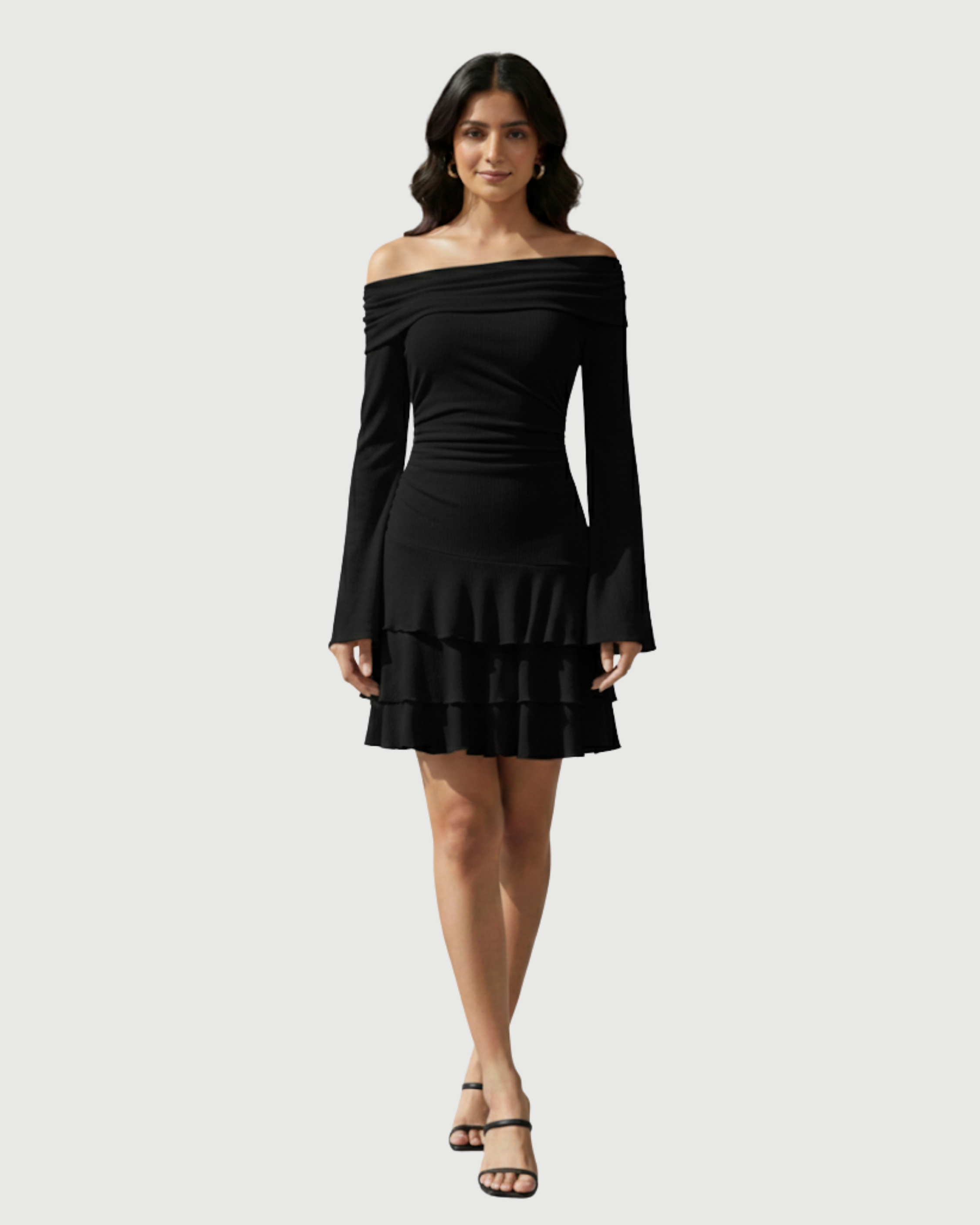 Layered Ruched Mini Dress with Asymmetrical Neckline - Black