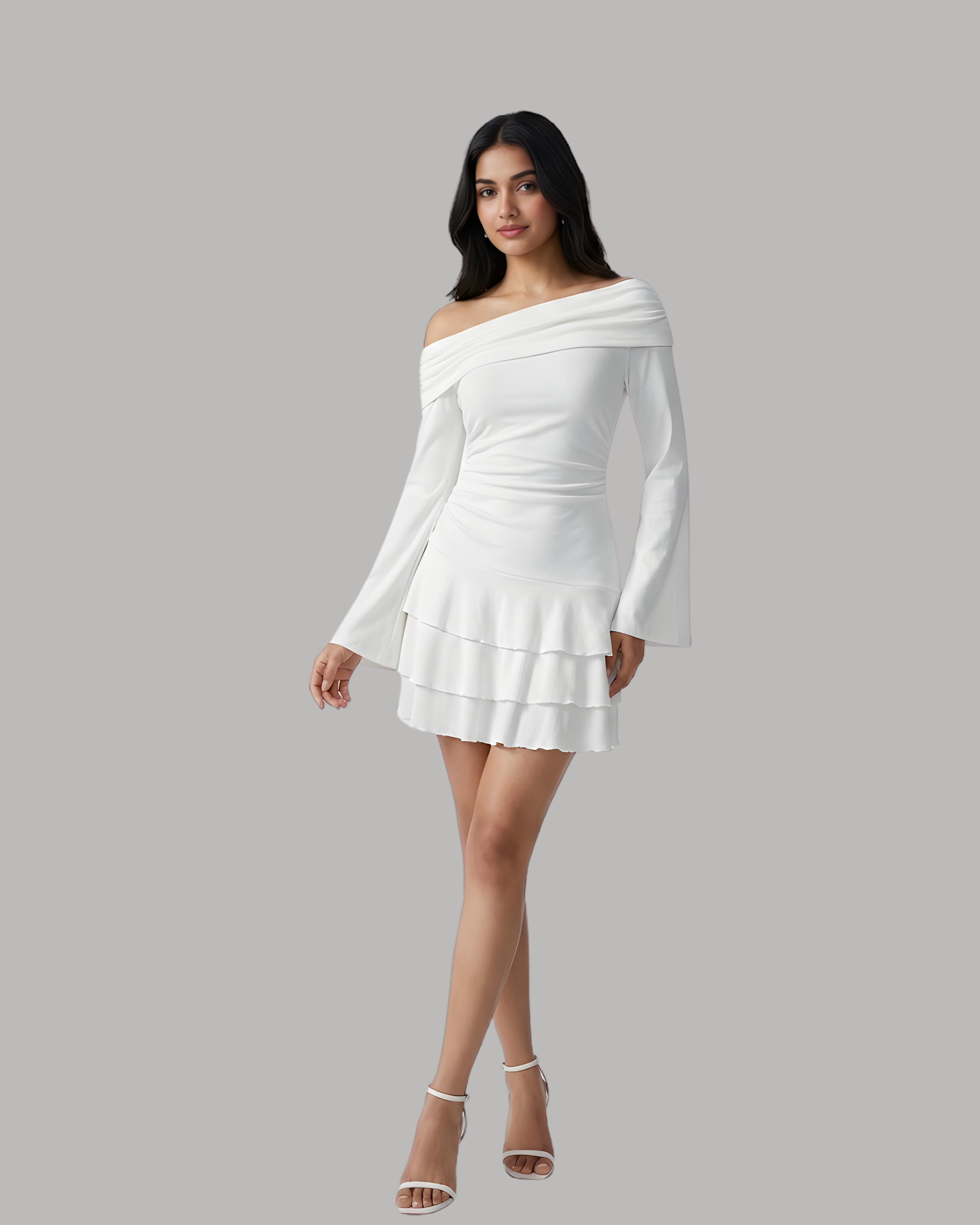 Layered Ruched Mini Dress with Asymmetrical Neckline - White
