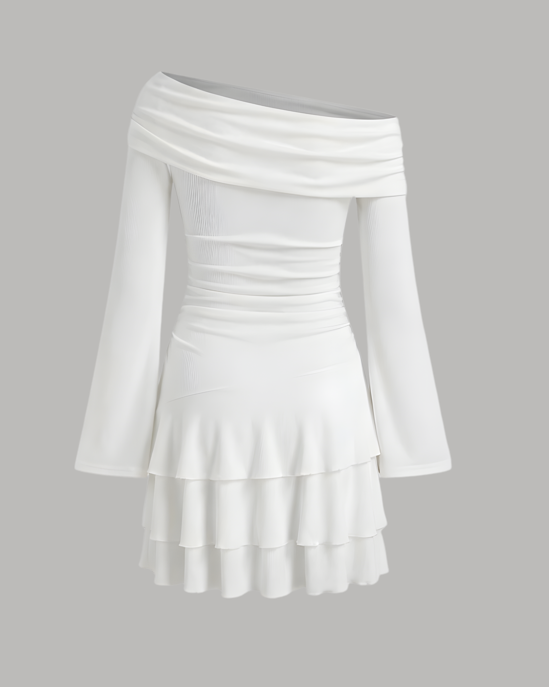 Layered Ruched Mini Dress with Asymmetrical Neckline - White