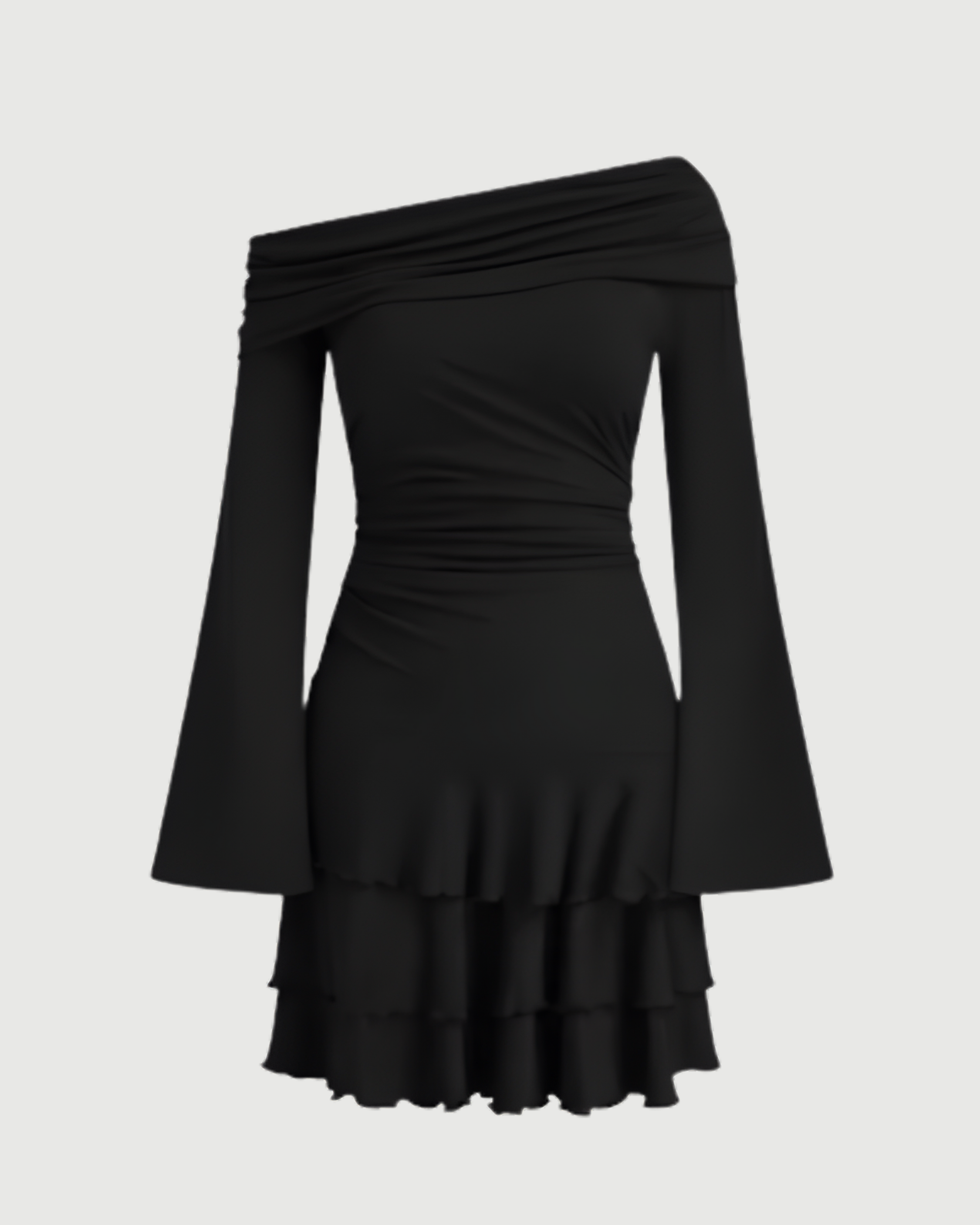 Layered Ruched Mini Dress with Asymmetrical Neckline - Black