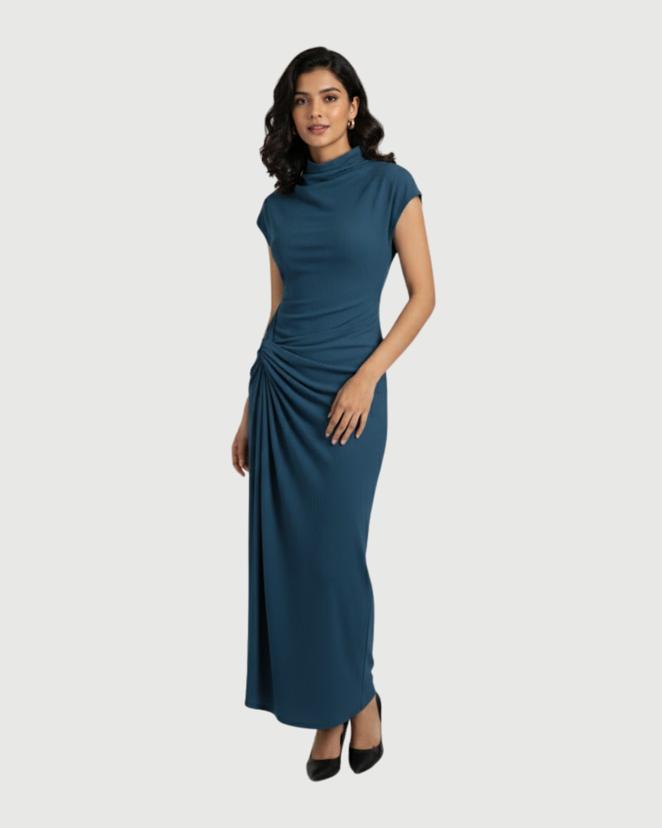 High-Neck Ruched Maxi Dress-Blue