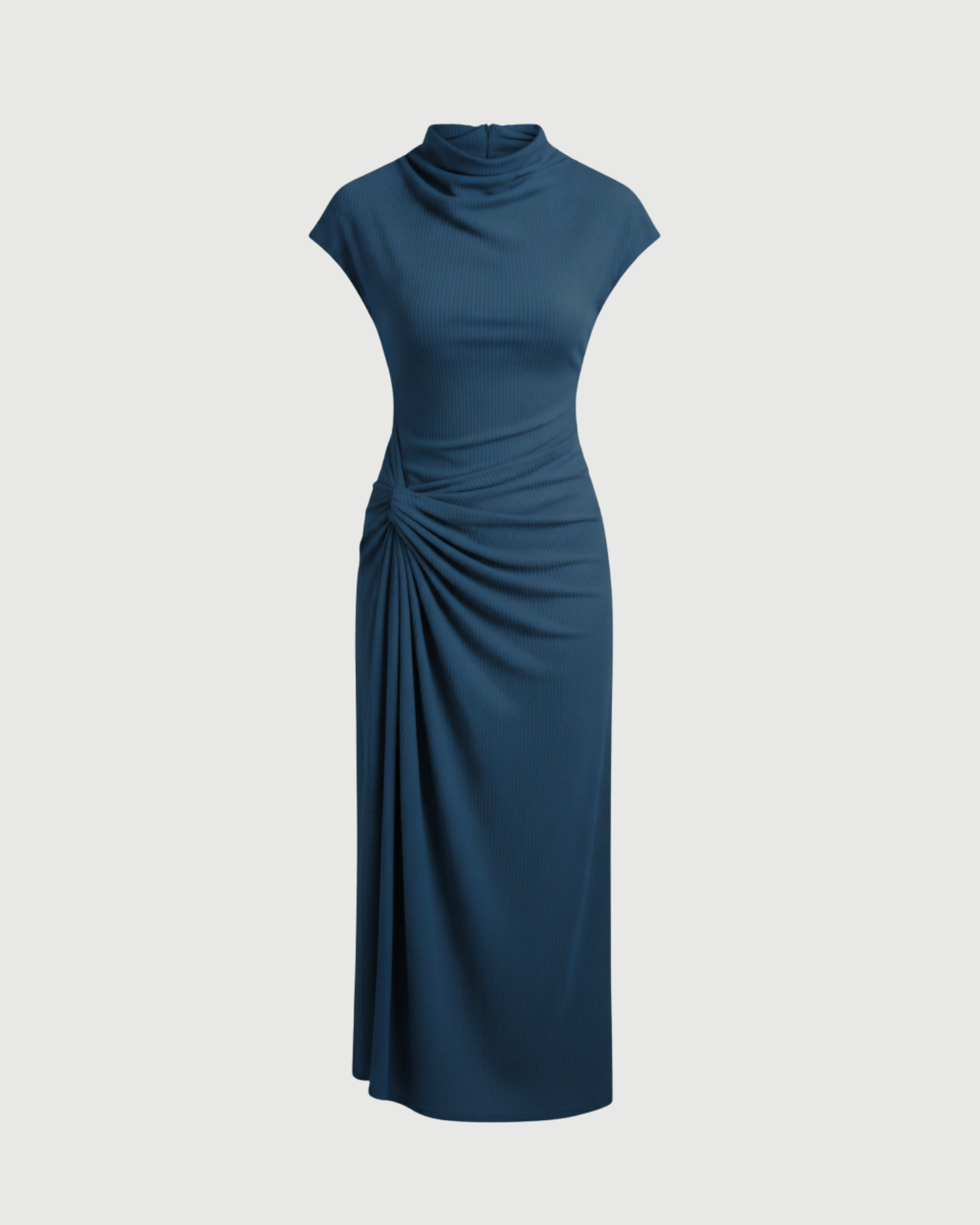 High-Neck Ruched Maxi Dress-Blue