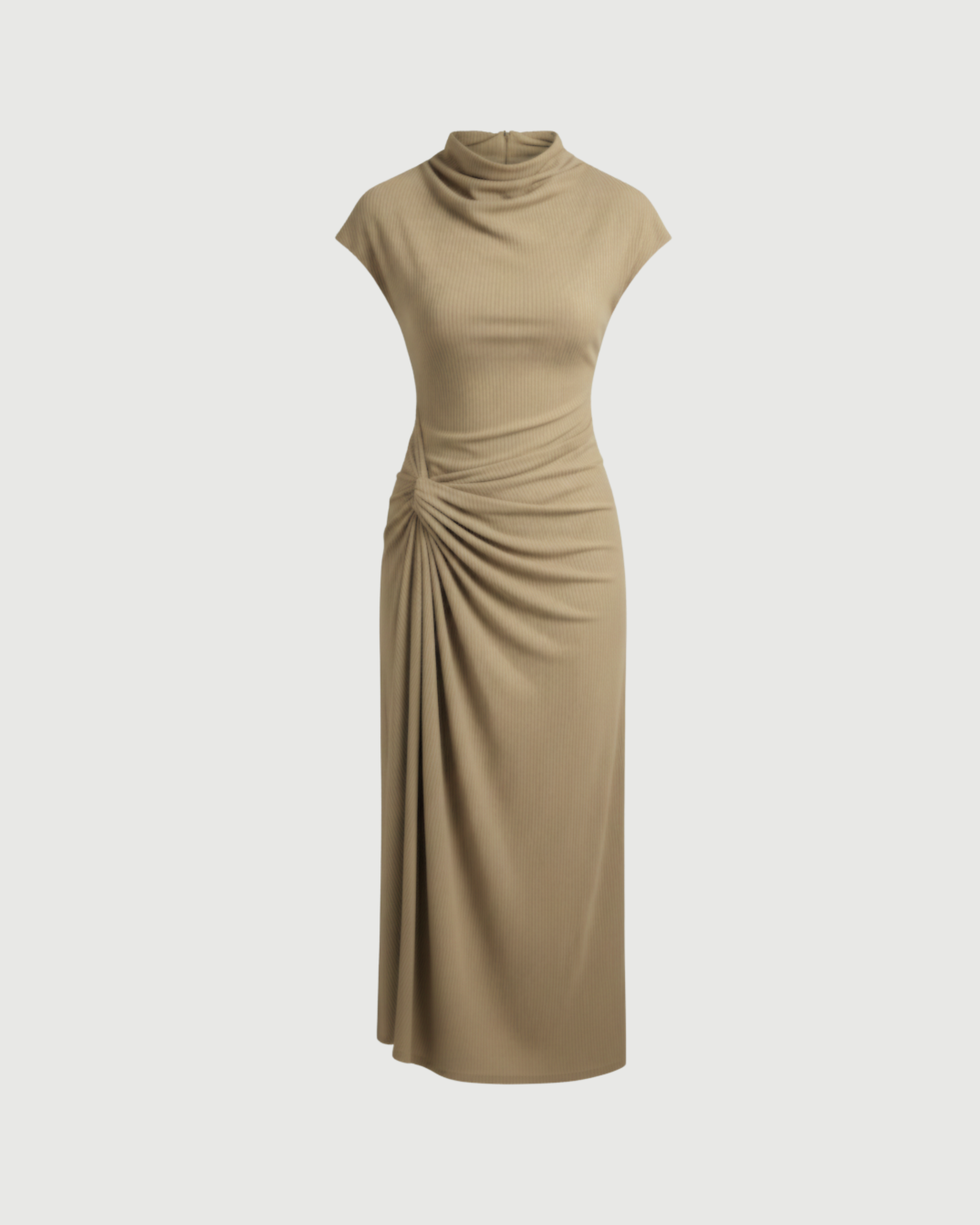 High-Neck Ruched Maxi Dress-Cream