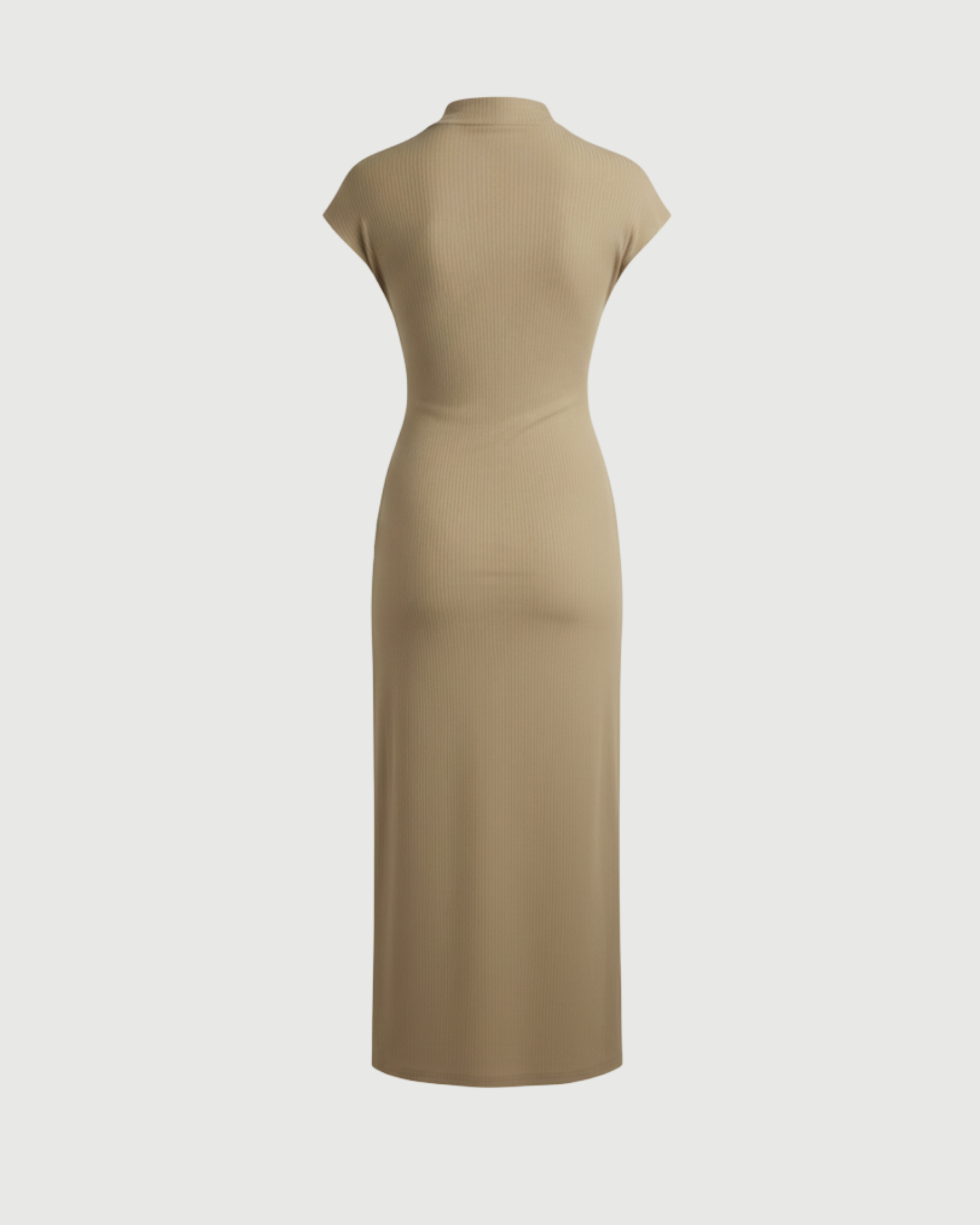 High-Neck Ruched Maxi Dress-Beige