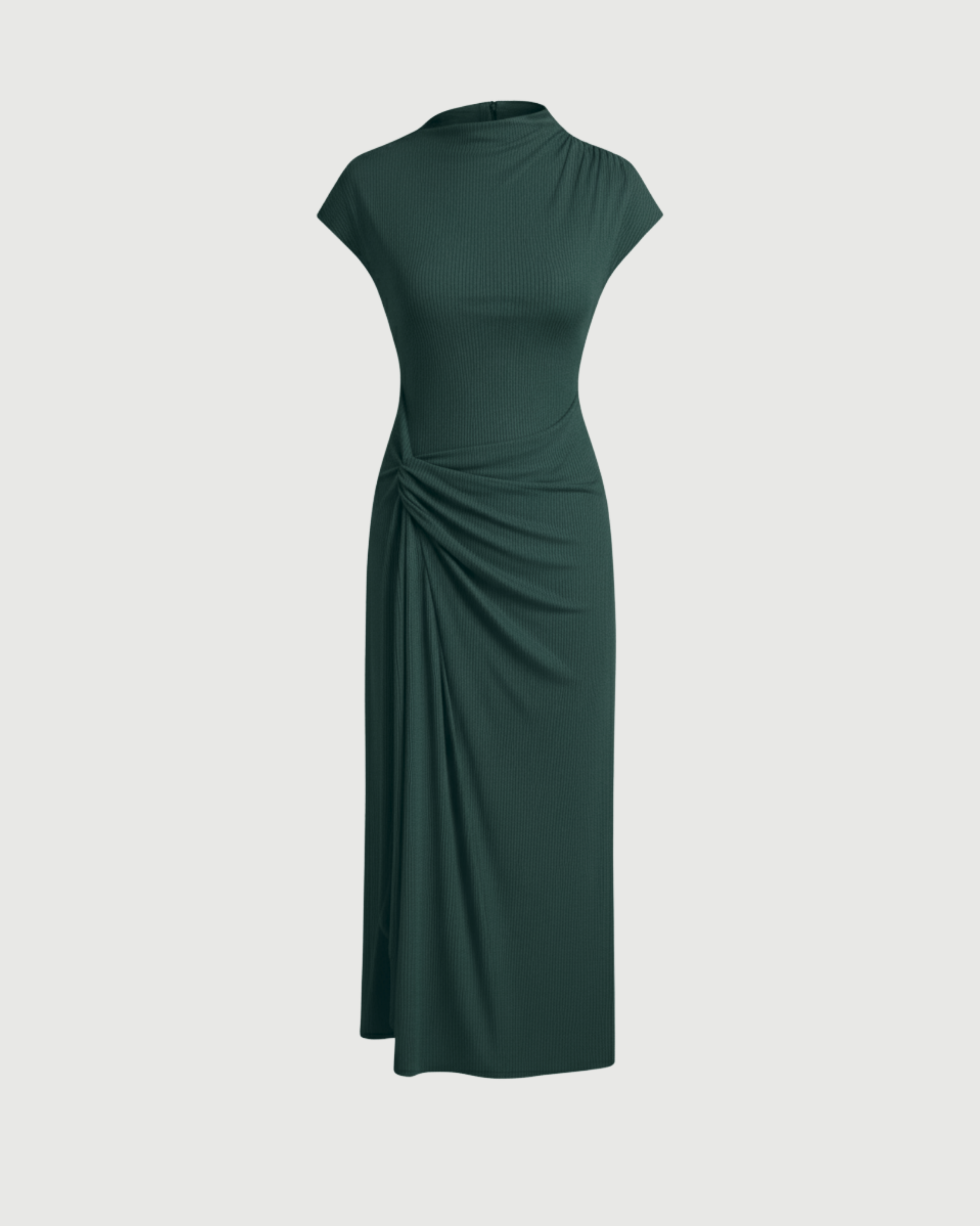 High-Neck Ruched Maxi Dress-Dark Green