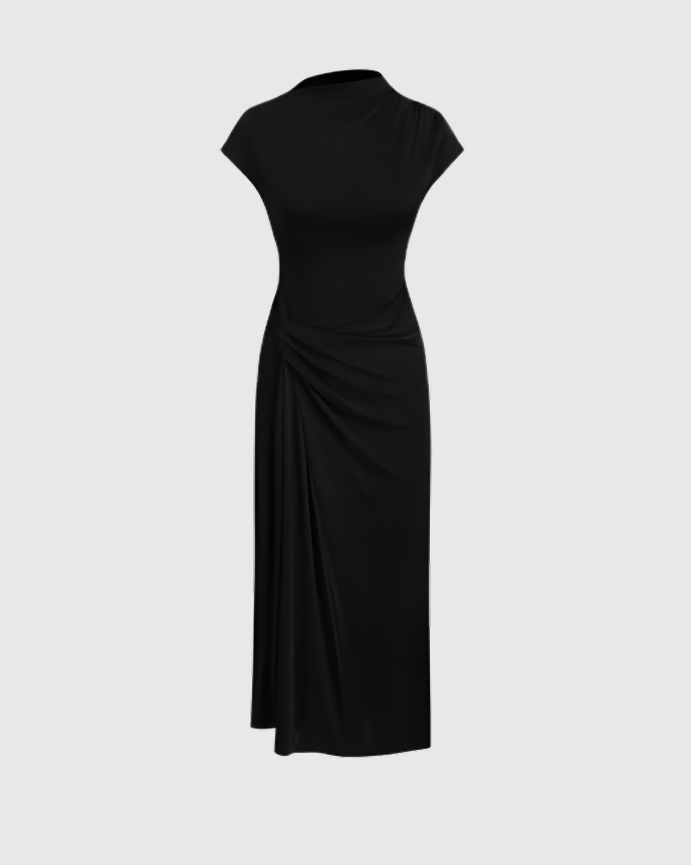 High-Neck Ruched Maxi Dress - Black