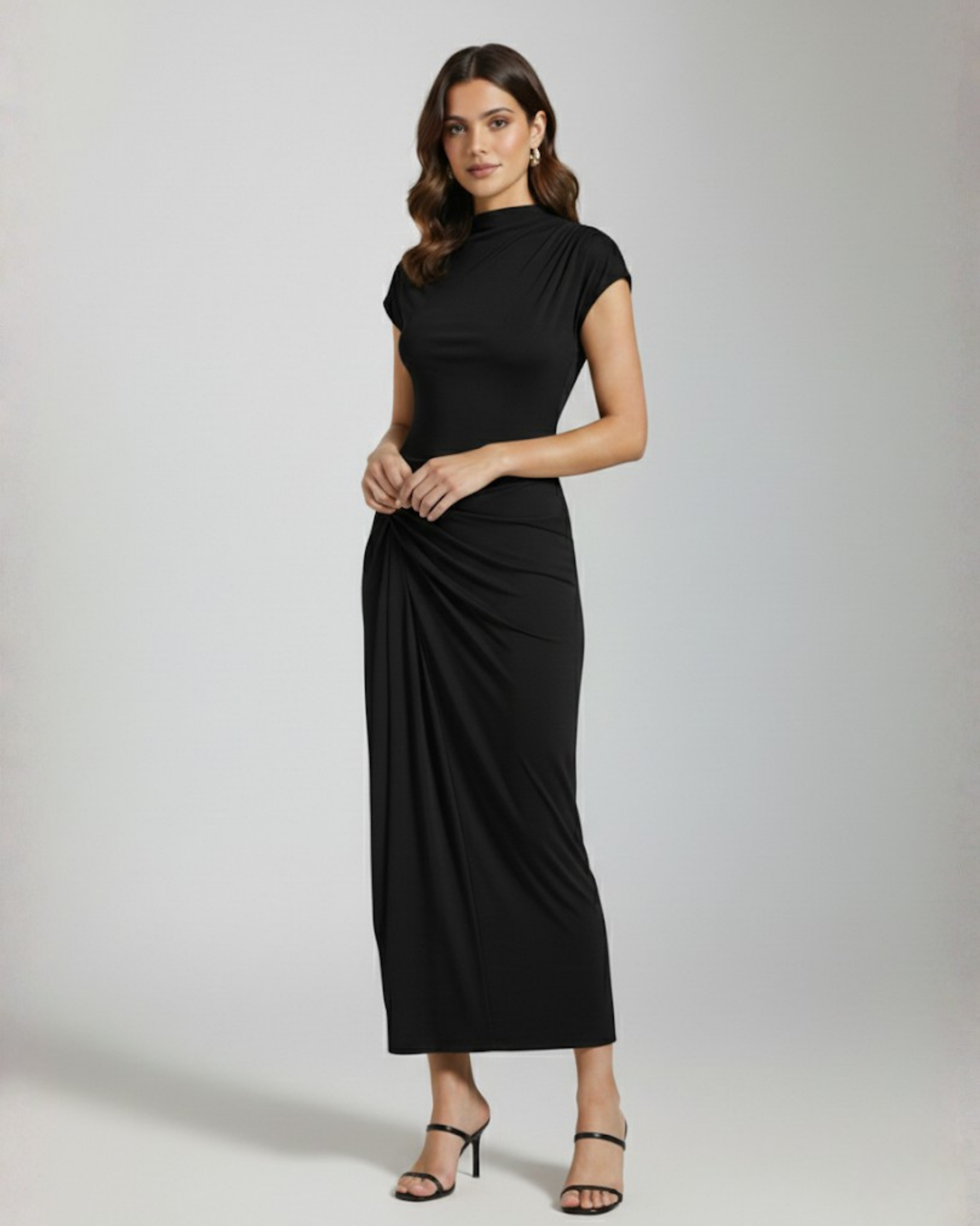 High-Neck Ruched Maxi Dress - Black