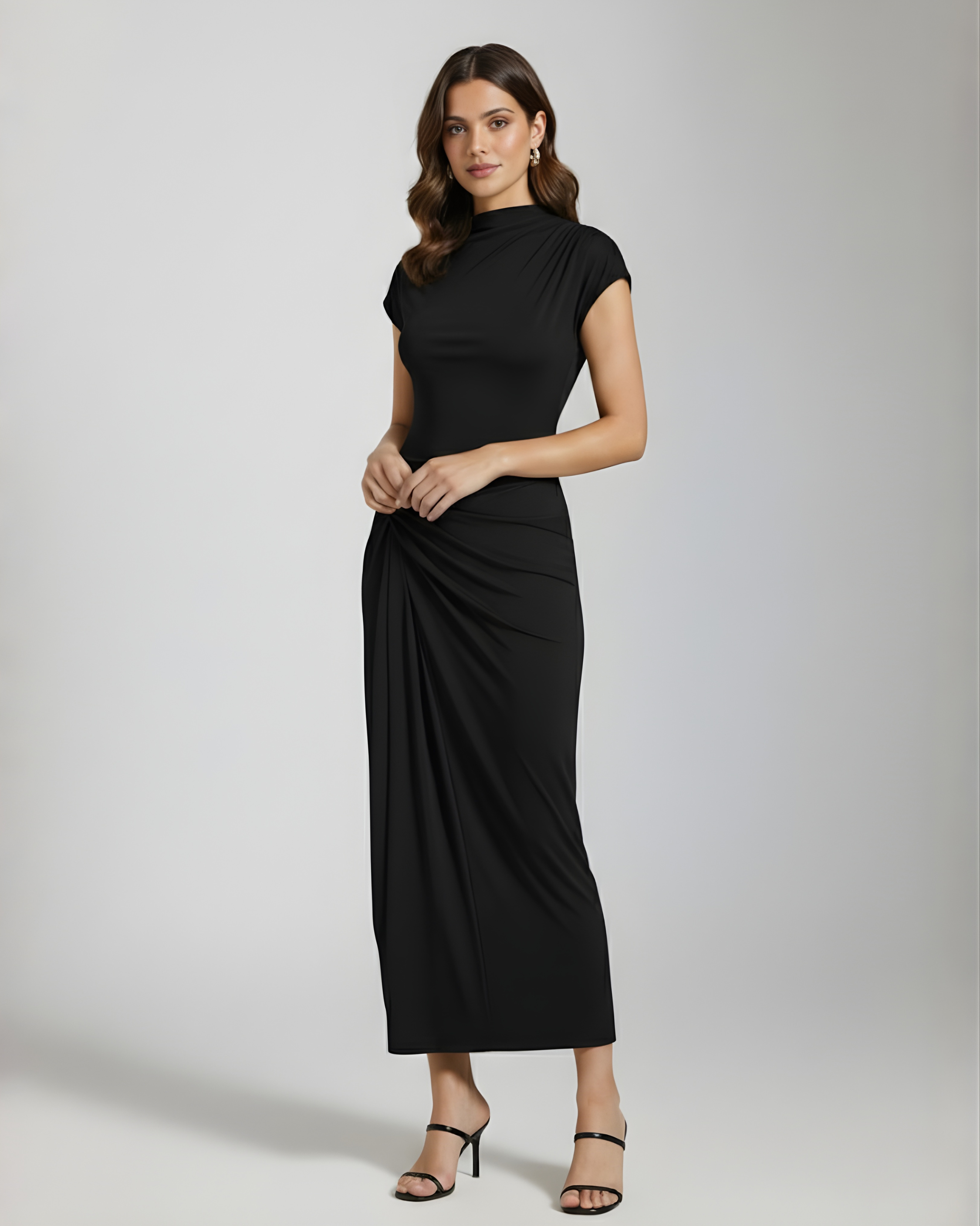 High-Neck Ruched Maxi Dress - Black