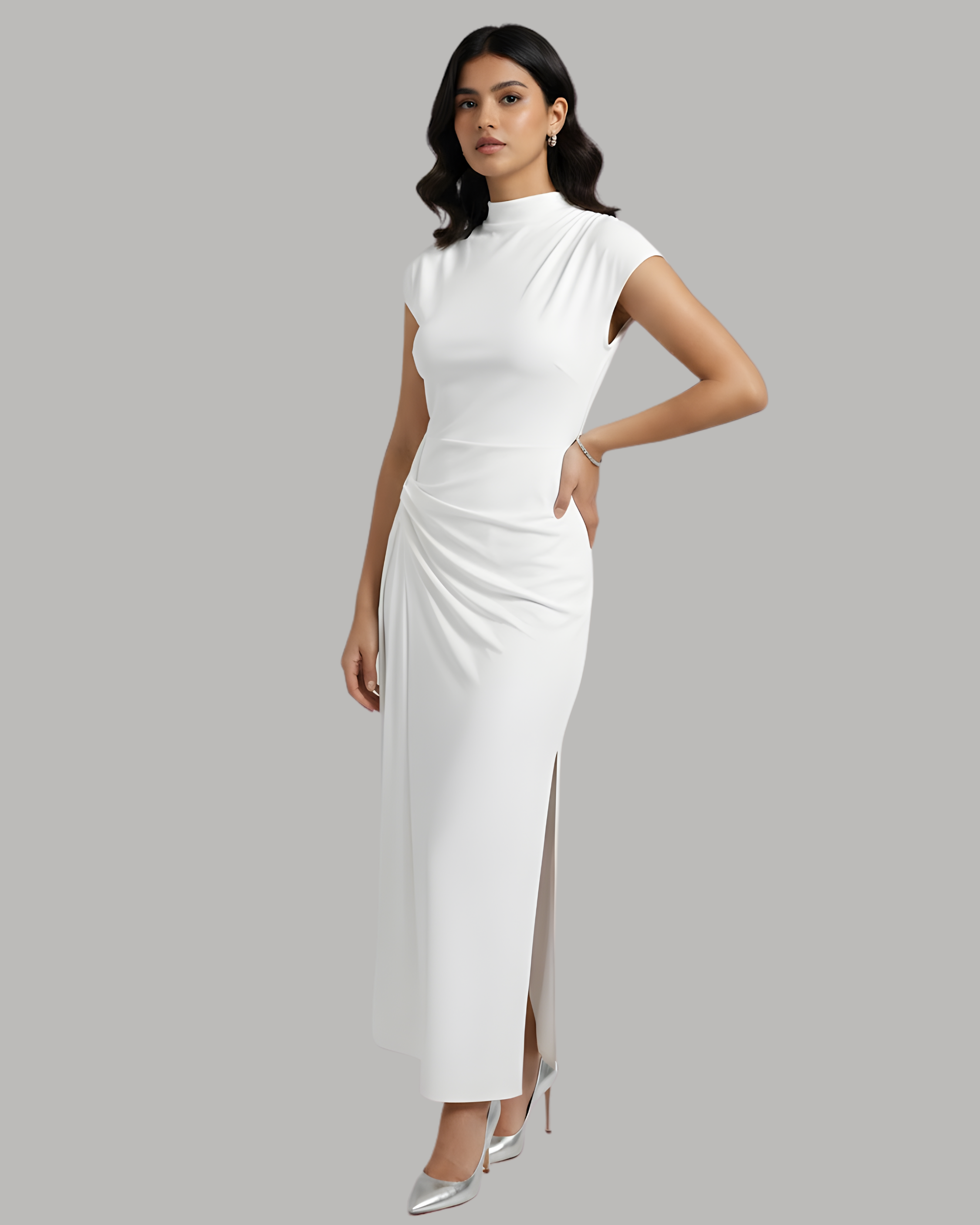 High-Neck Ruched Maxi Dress - White