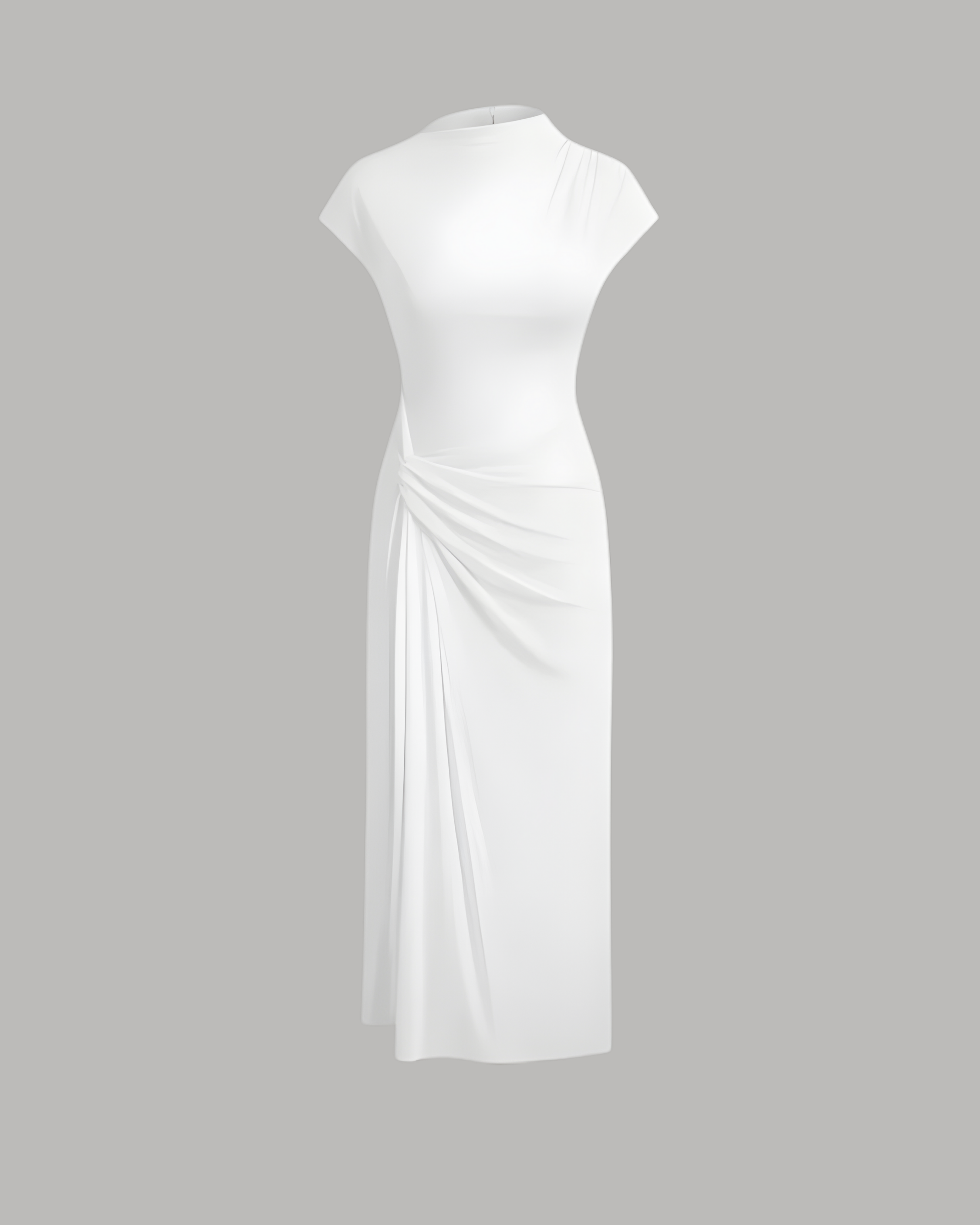 High-Neck Ruched Maxi Dress - White