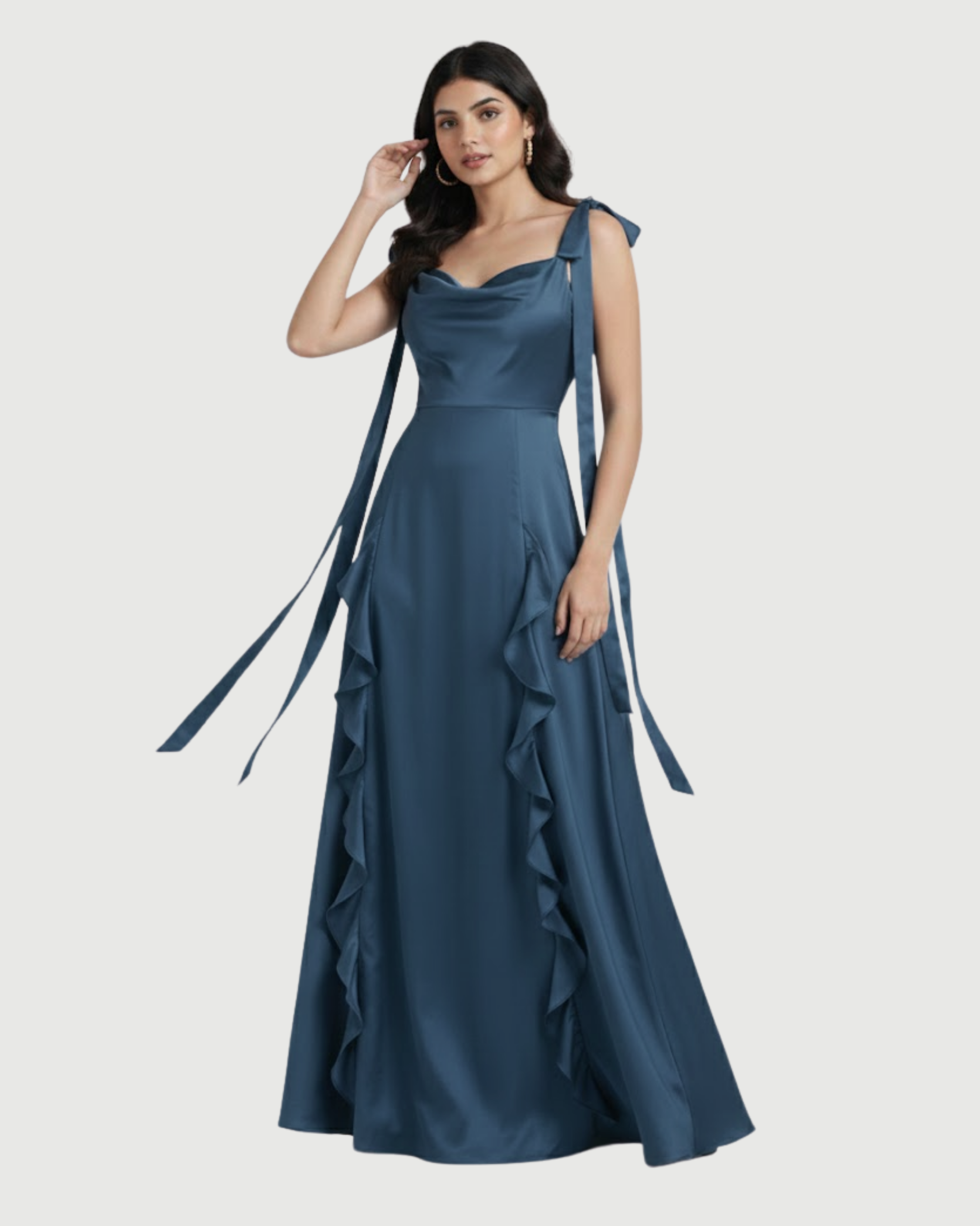Satin Maxi Dress with Cowl Neck and Ruffle Hem-Blue