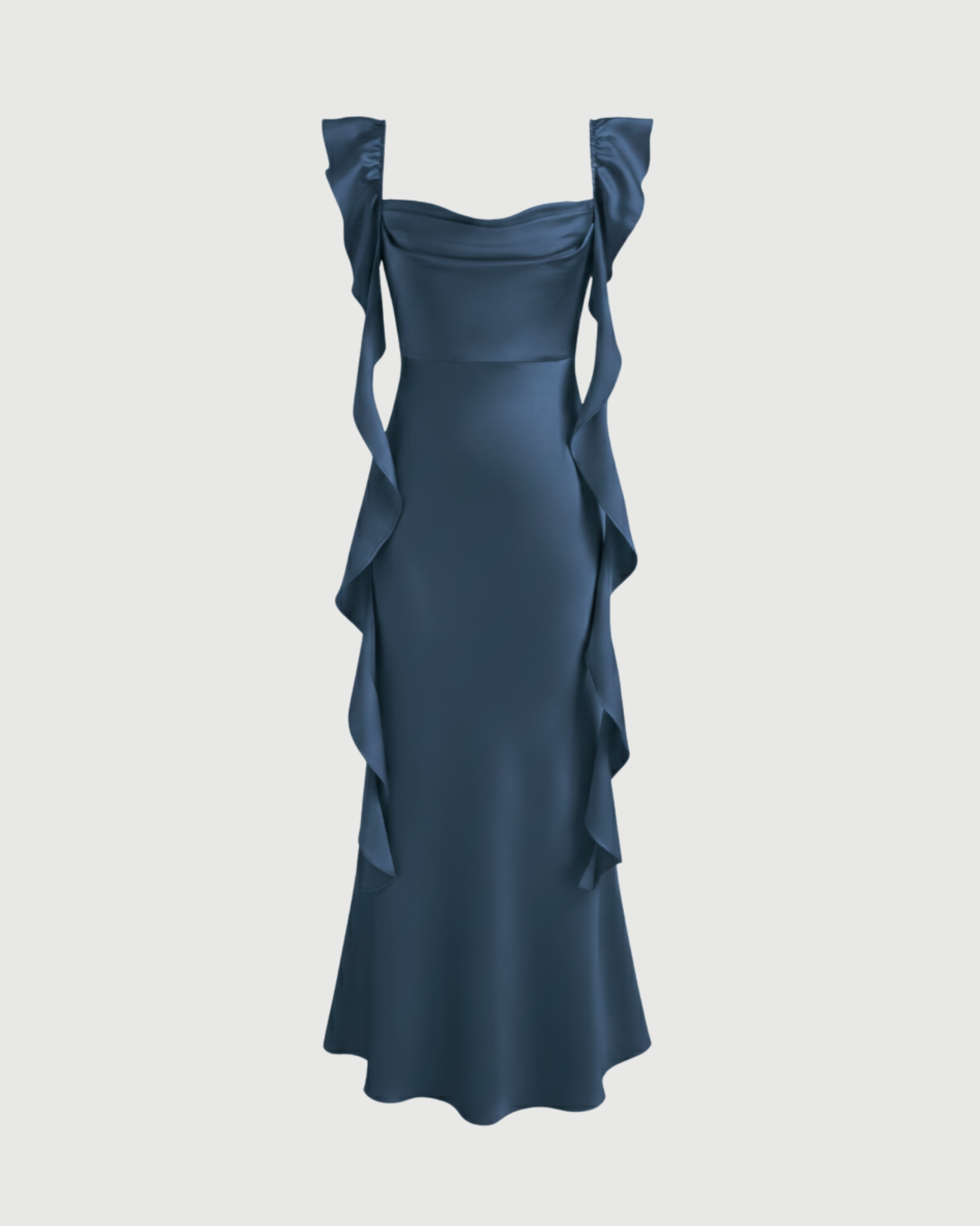 Satin Maxi Dress with Cowl Neck and Ruffle Hem-Blue