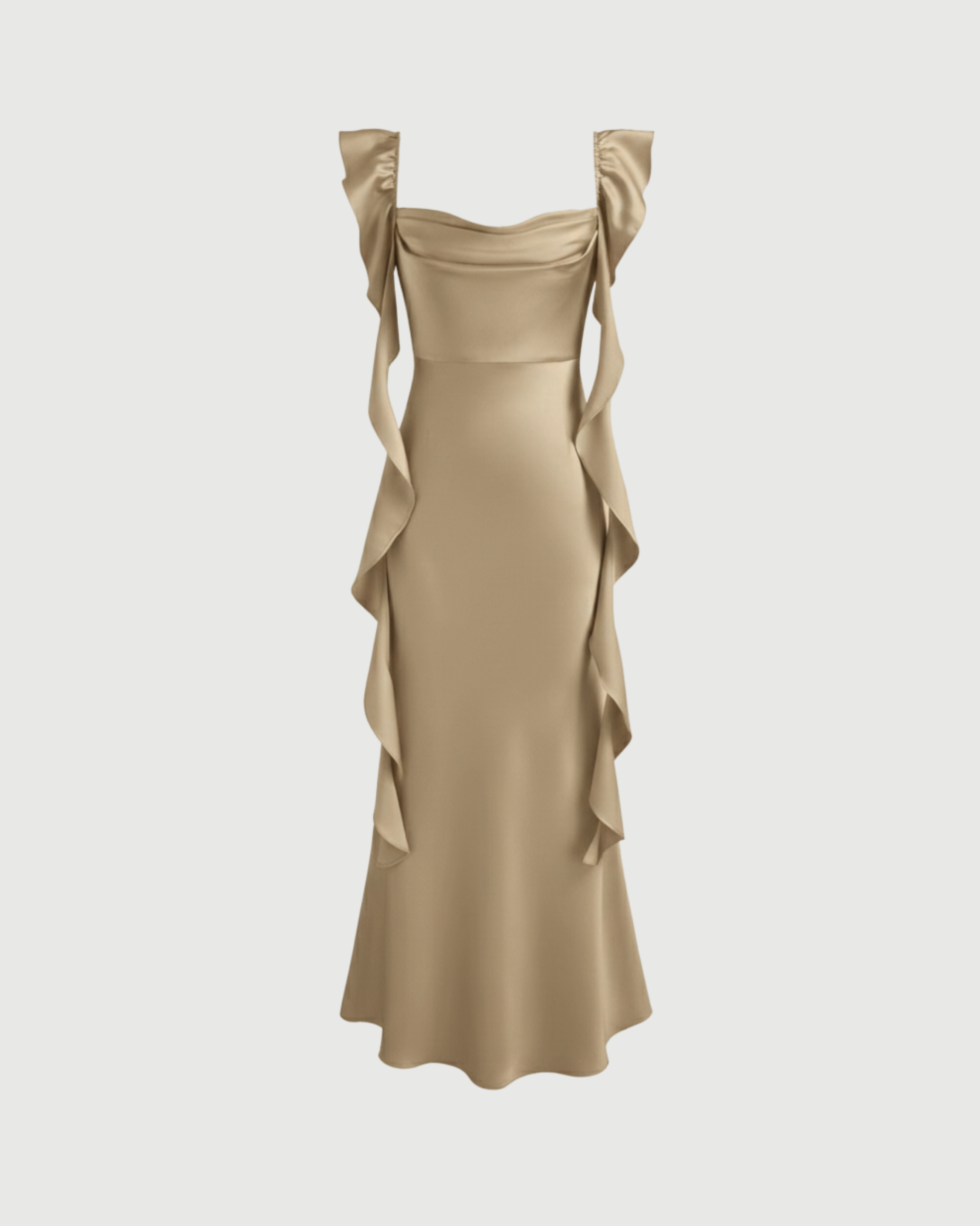 Satin Maxi Dress with Cowl Neck and Ruffle Hem-Cream