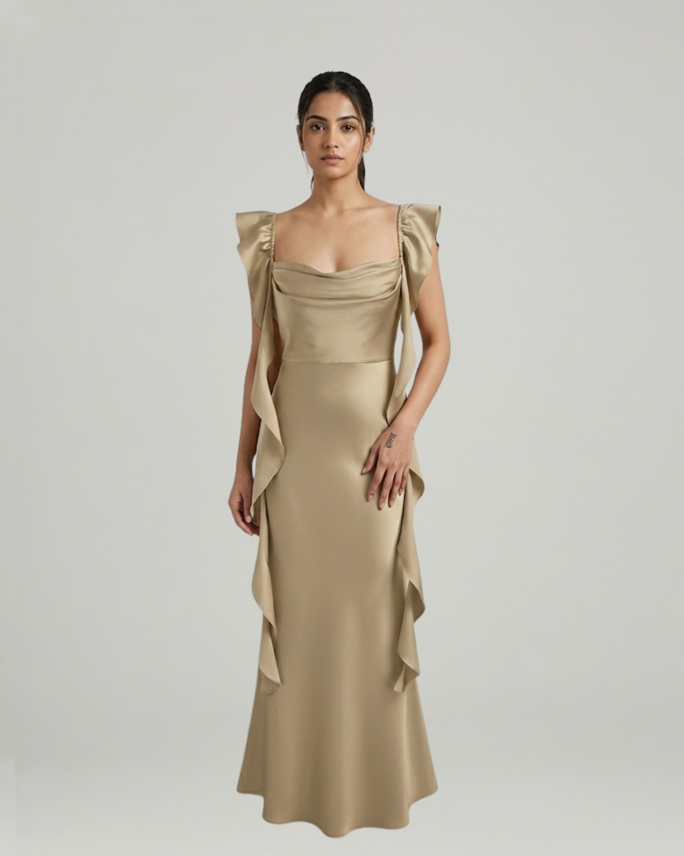Satin Maxi Dress with Cowl Neck and Ruffle Hem-Cream