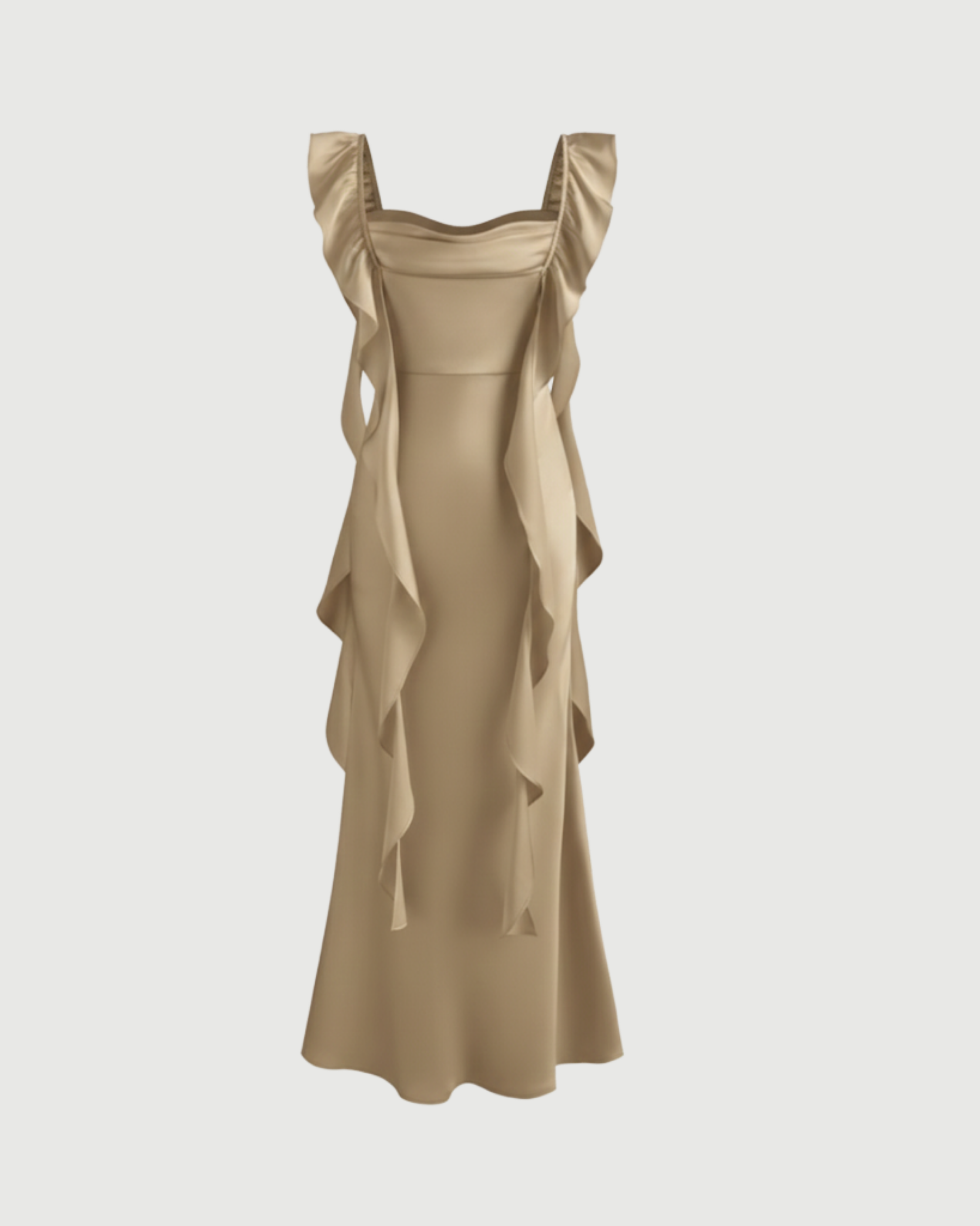 Satin Maxi Dress with Cowl Neck and Ruffle Hem-Cream