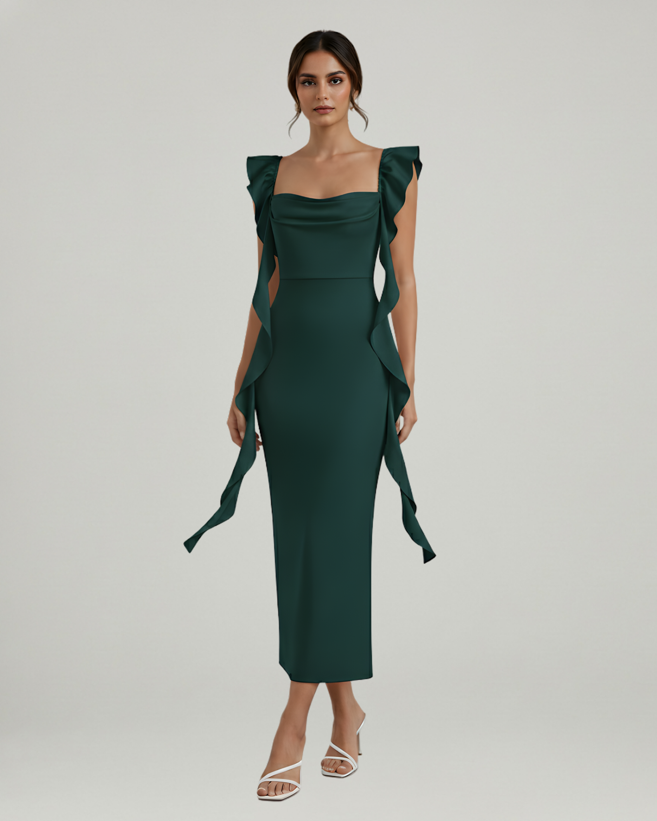 Satin Maxi Dress with Cowl Neck and Ruffle Hem-Dark Green
