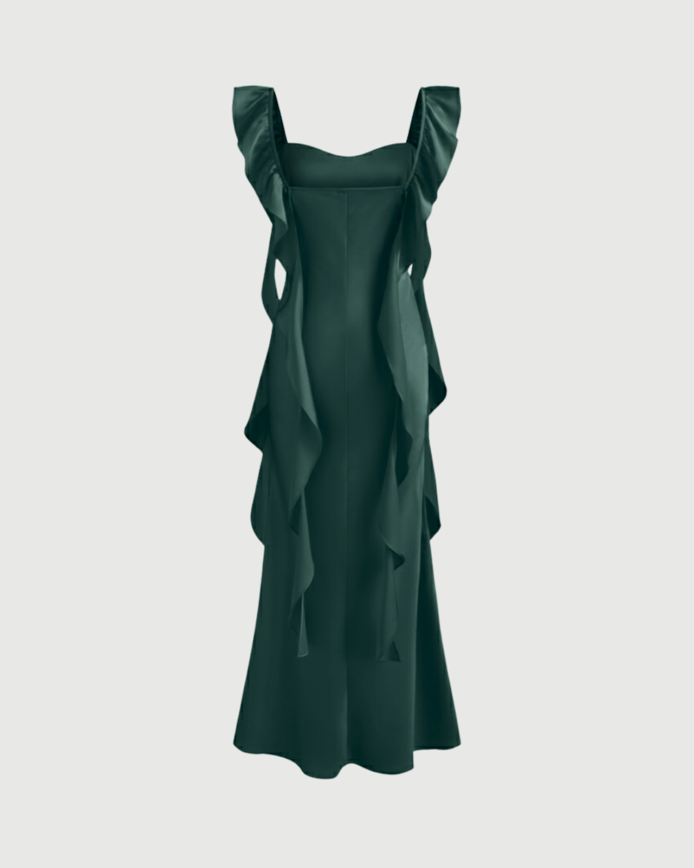 Satin Maxi Dress with Cowl Neck and Ruffle Hem-Dark Green