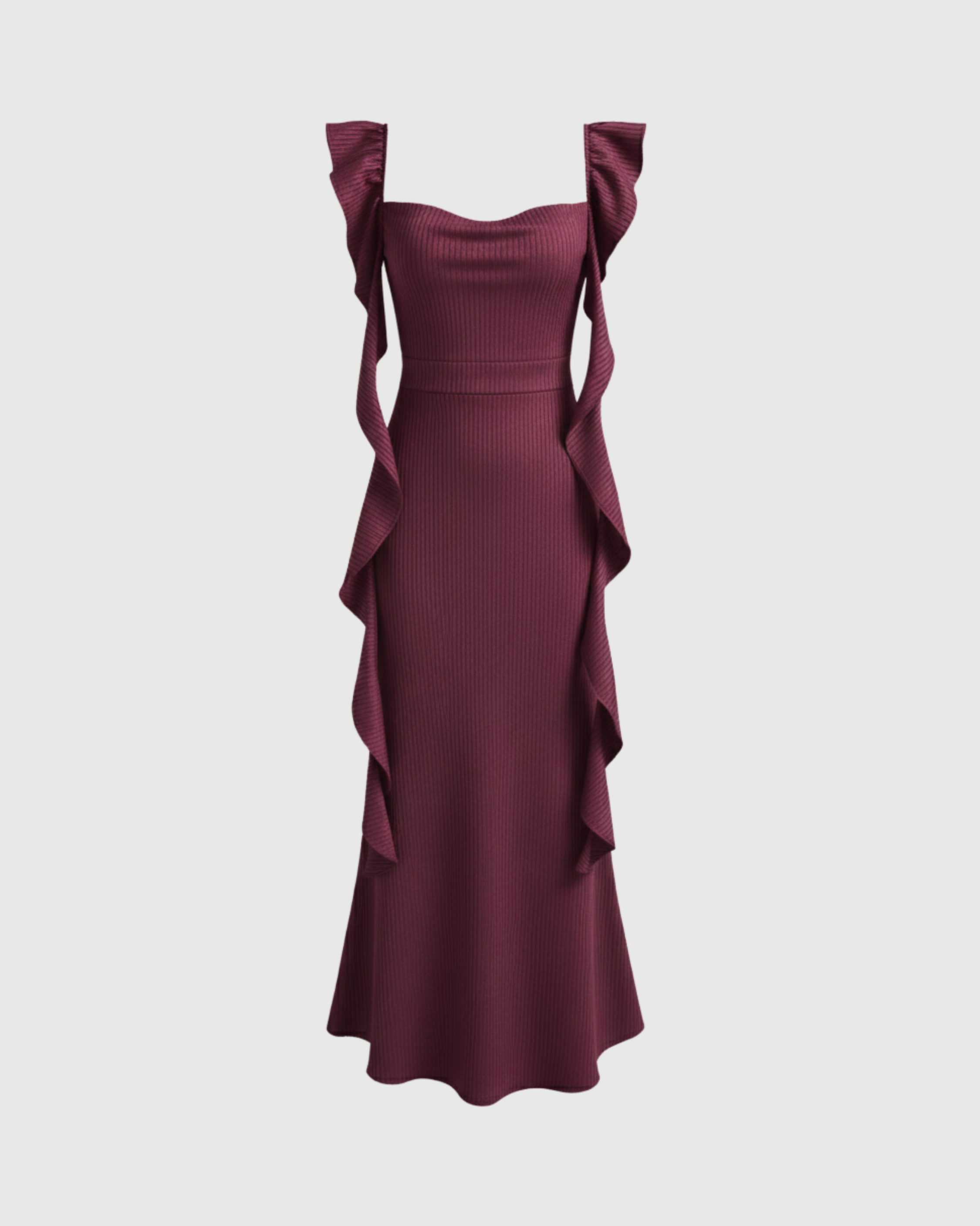 Satin Maxi Dress with Cowl Neck and Ruffle Hem-Maroon