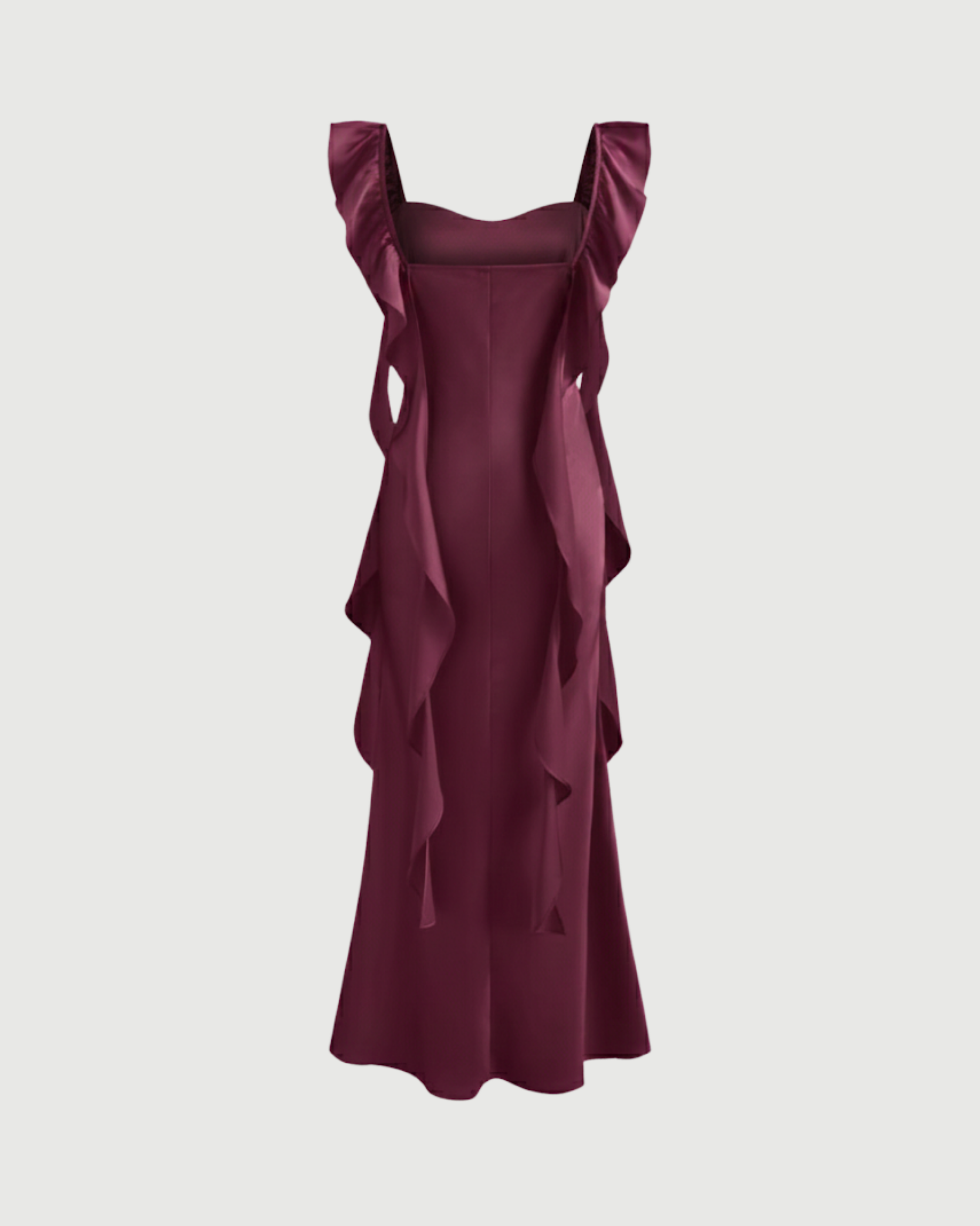 Satin Maxi Dress with Cowl Neck and Ruffle Hem-Maroon