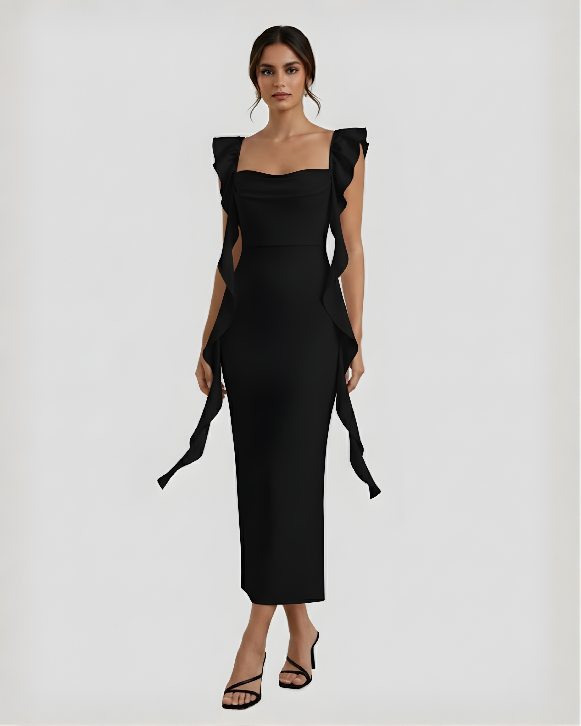 Satin Maxi Dress with Cowl Neck and Ruffle Hem - Black