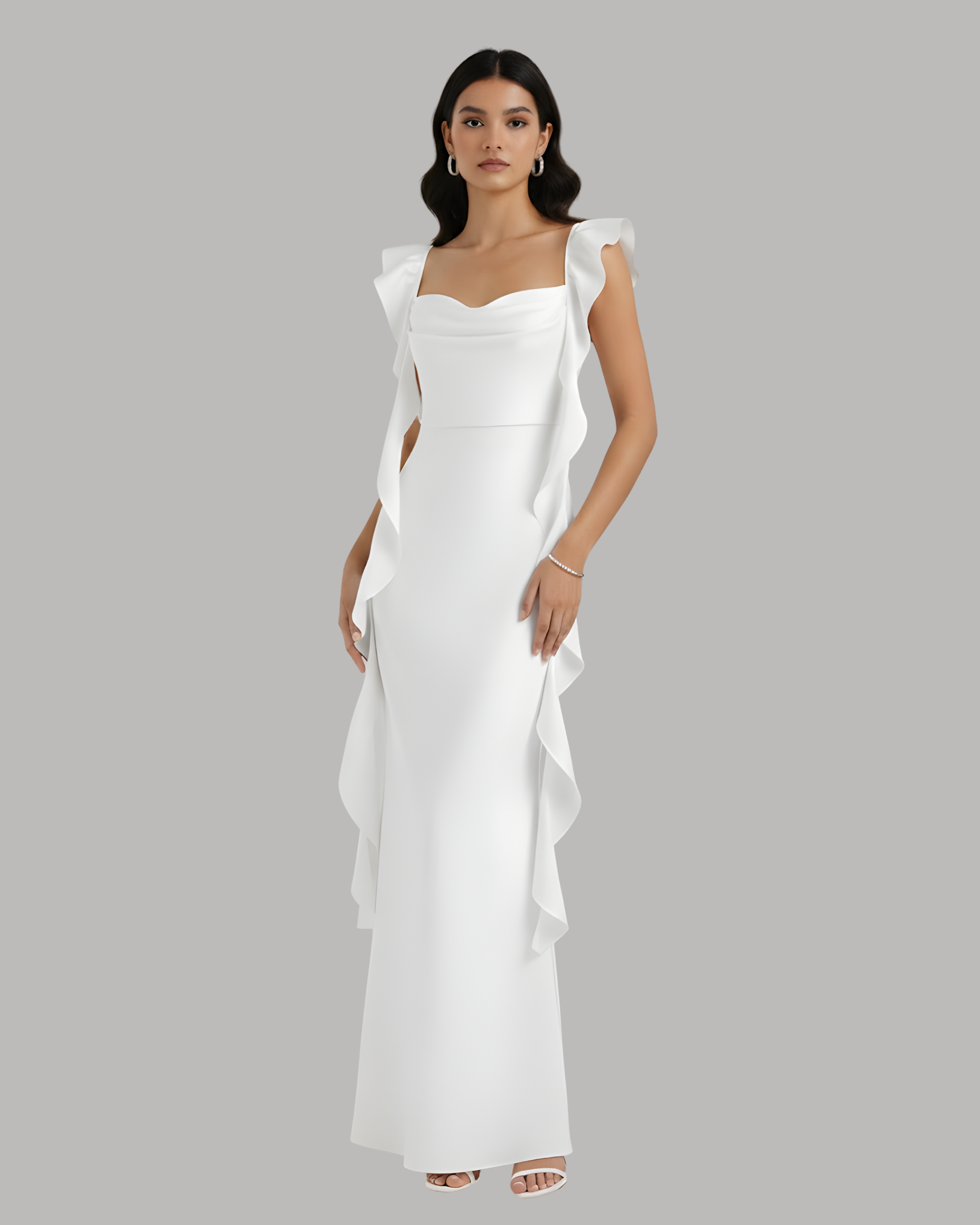 Satin Maxi Dress with Cowl Neck and Ruffle Hem - White