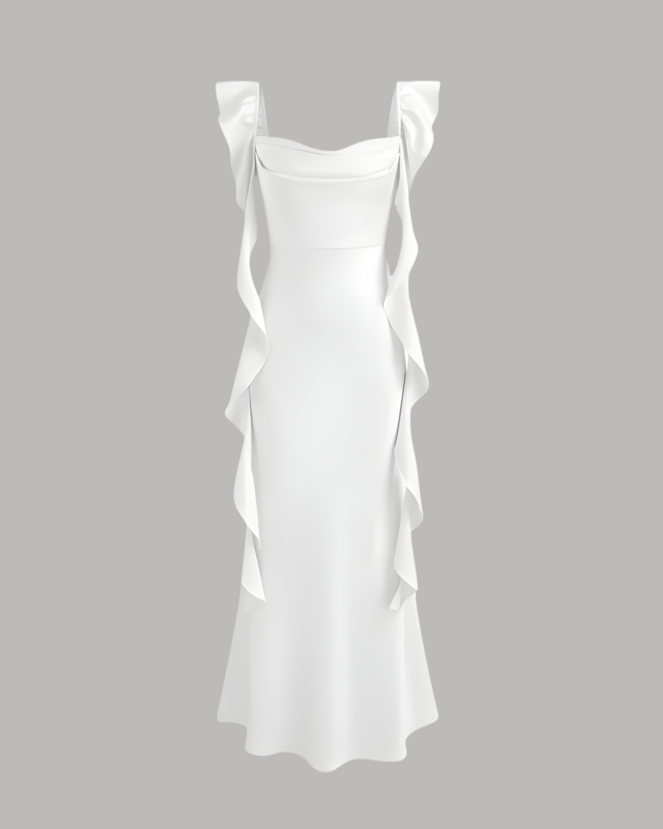 Satin Maxi Dress with Cowl Neck and Ruffle Hem - White