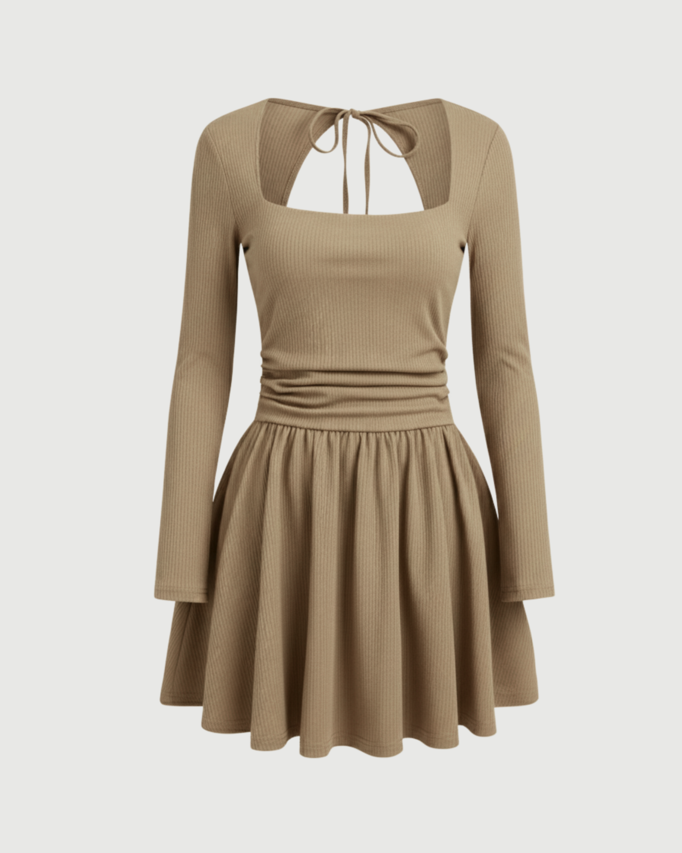 Cut-Out Knotted Mini Dress with Square Neckline-Cream