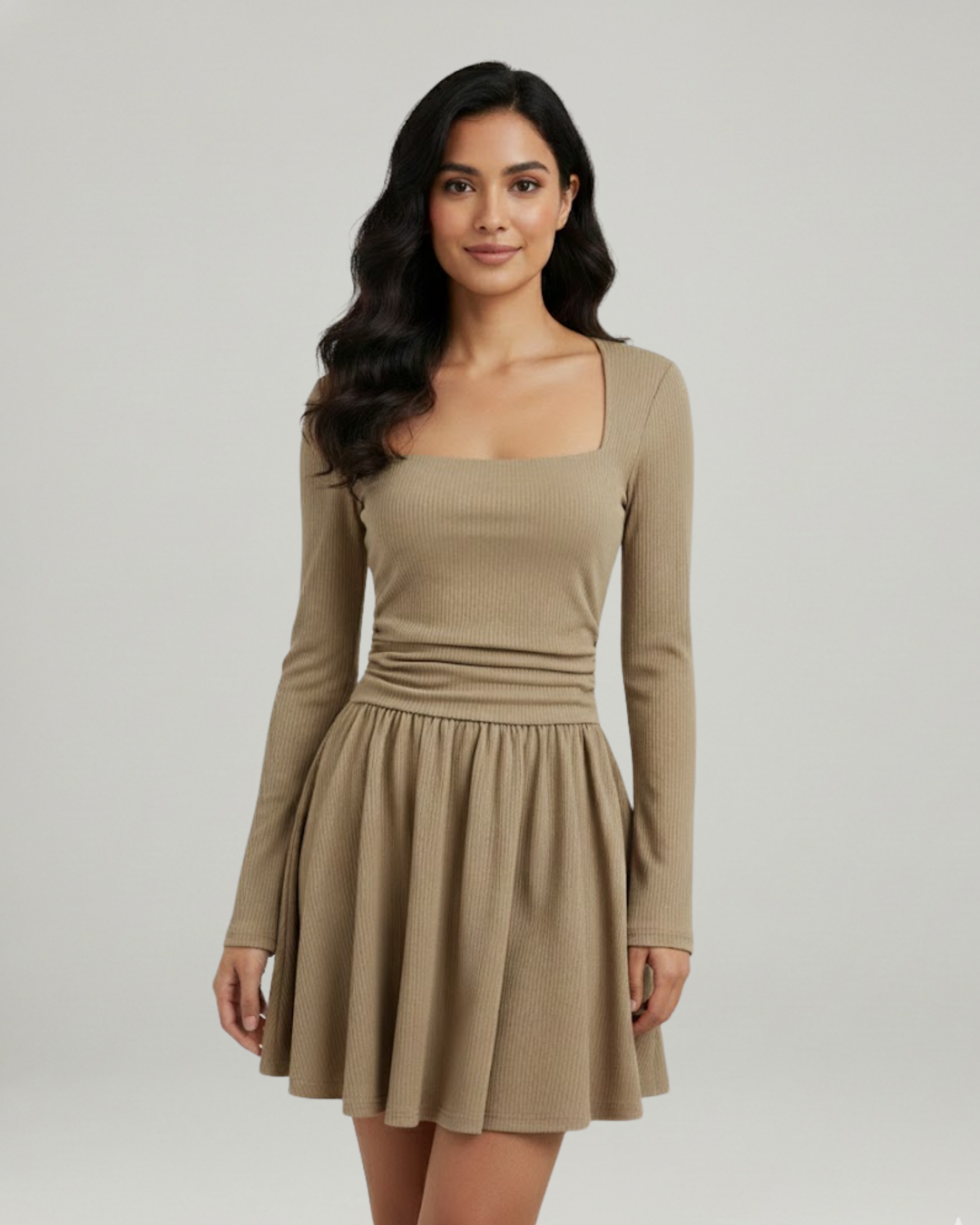 Cut-Out Knotted Mini Dress with Square Neckline-Cream