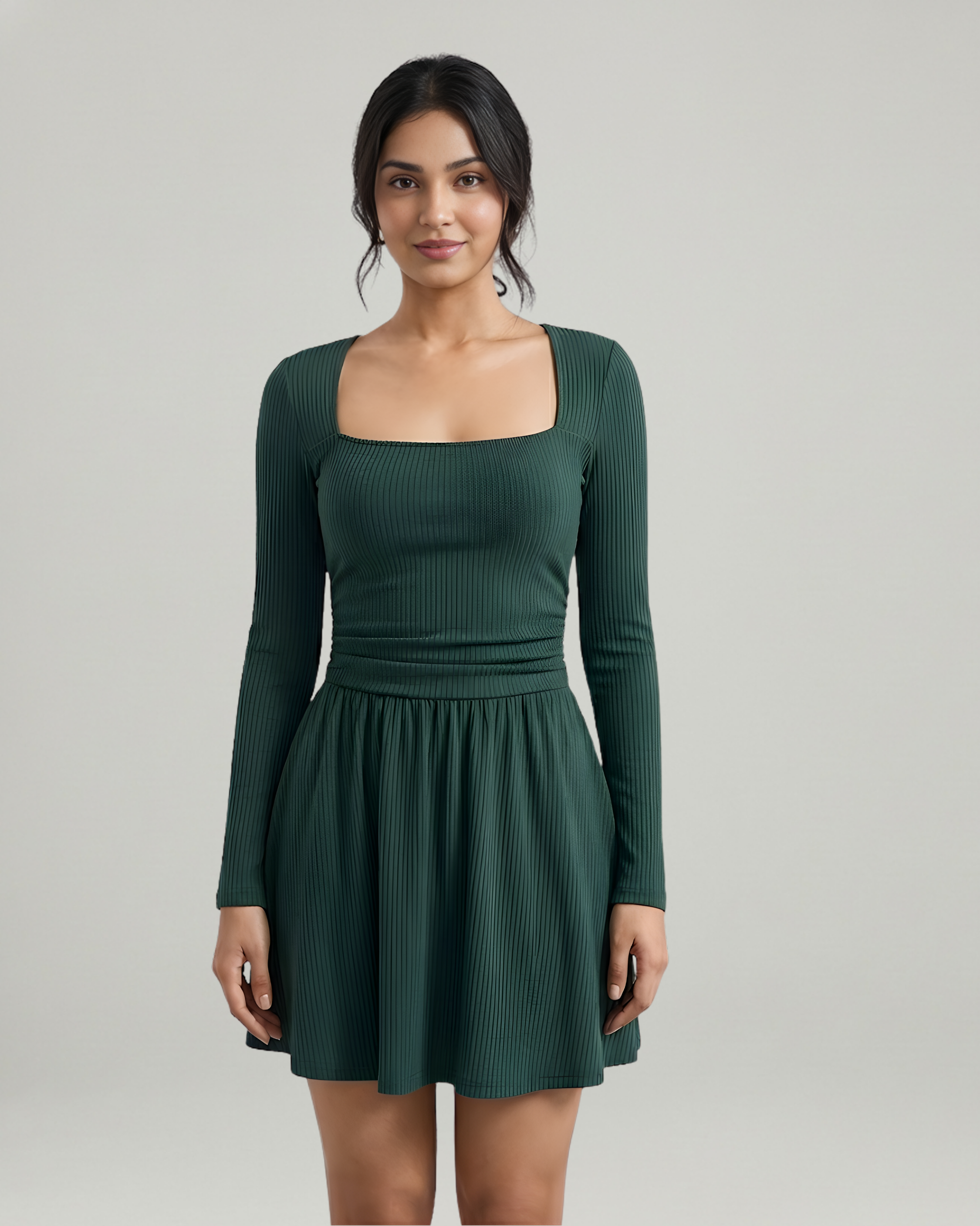 Cut-Out Knotted Mini Dress with Square Neckline-Dark Green