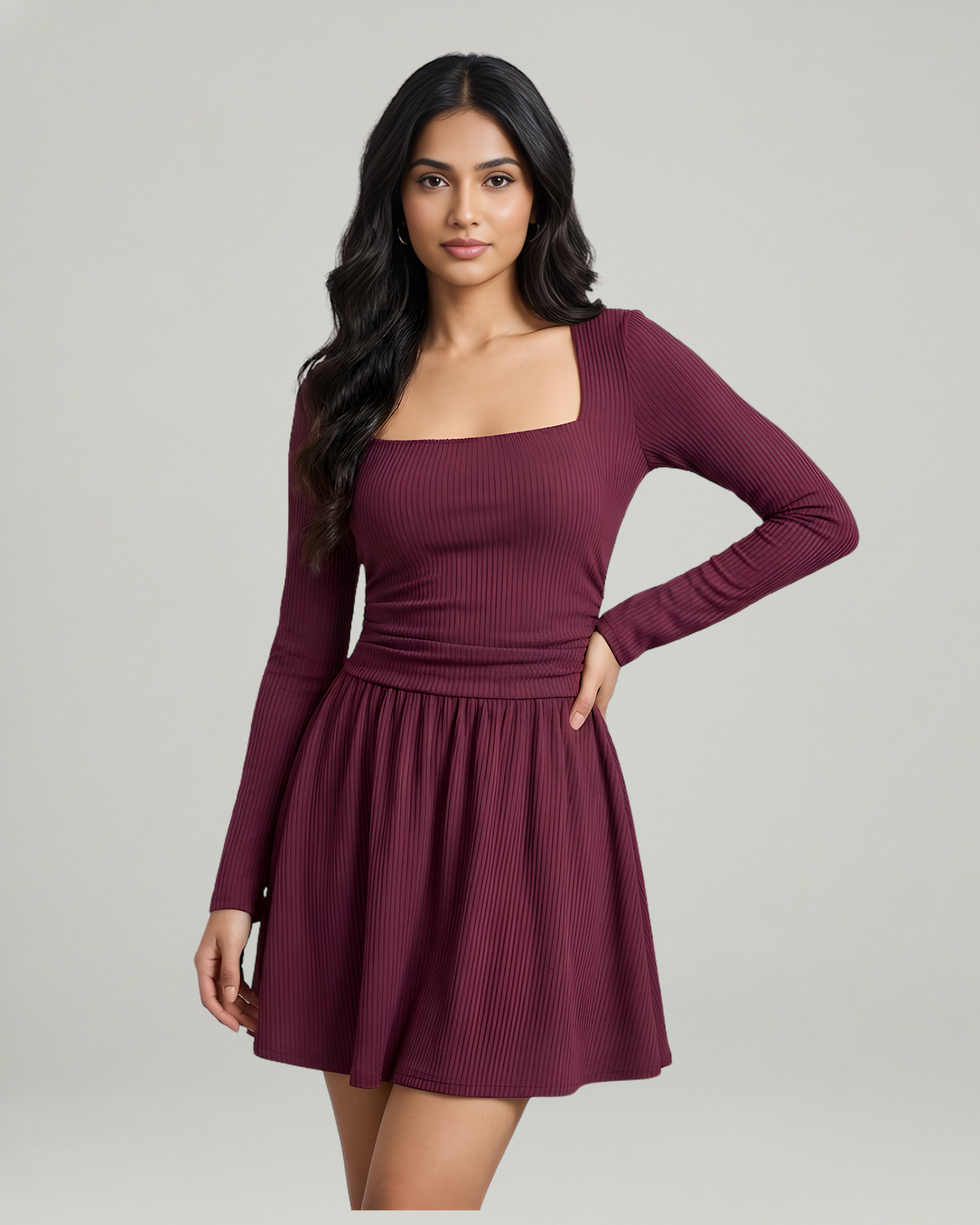 Cut-Out Knotted Mini Dress with Square Neckline-Maroon