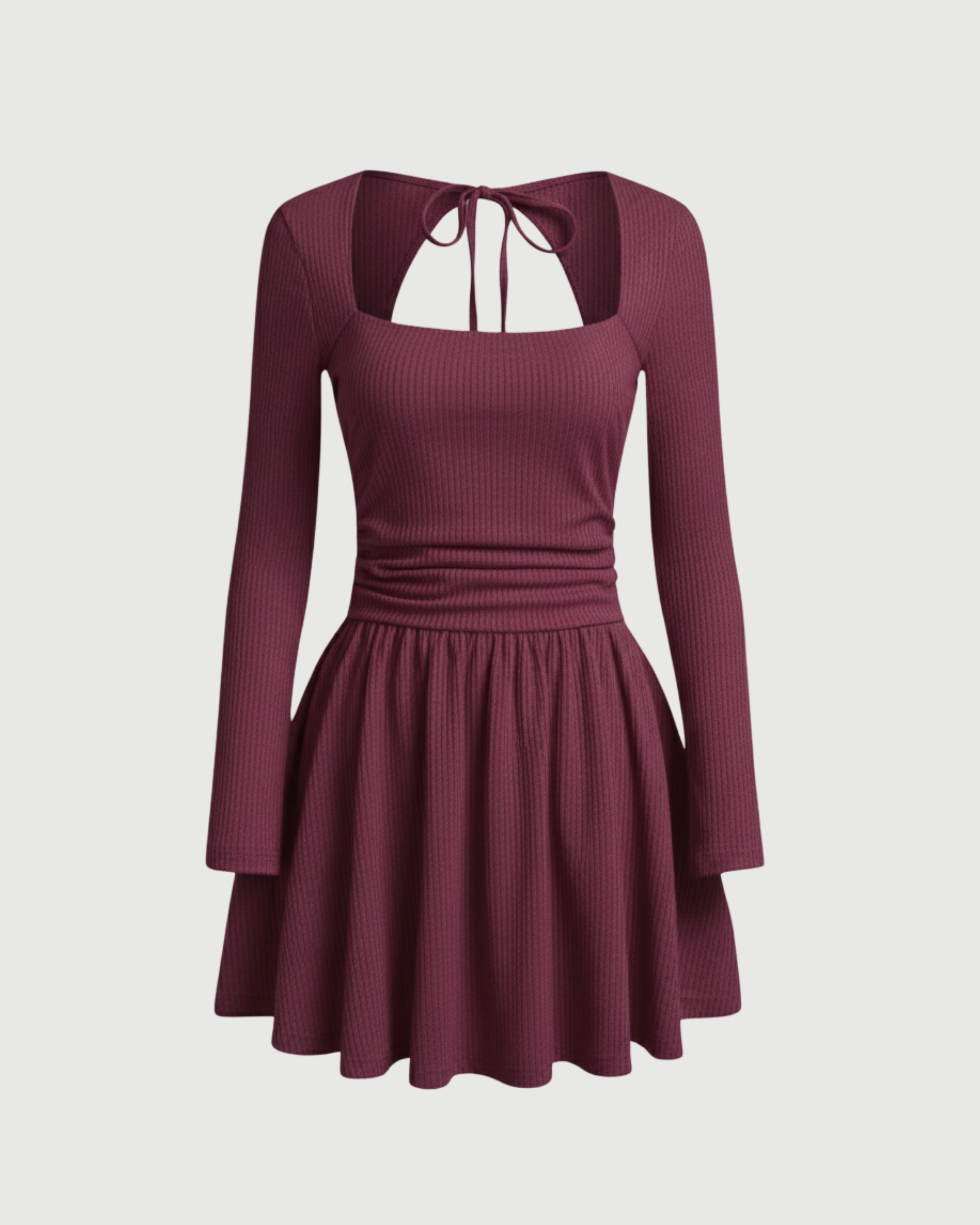 Cut-Out Knotted Mini Dress with Square Neckline-Maroon