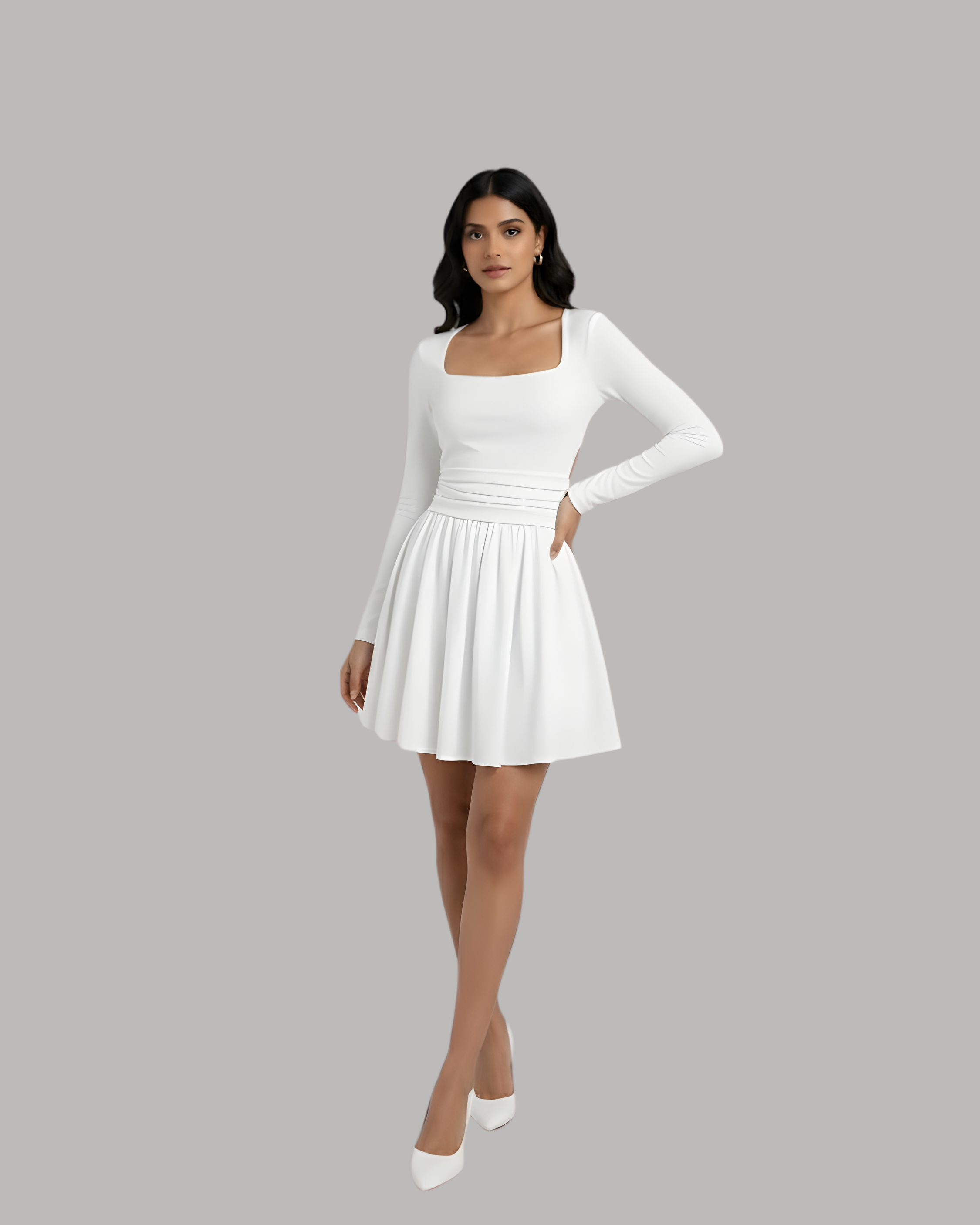 Cut-Out Knotted Mini Dress with Square Neckline - White