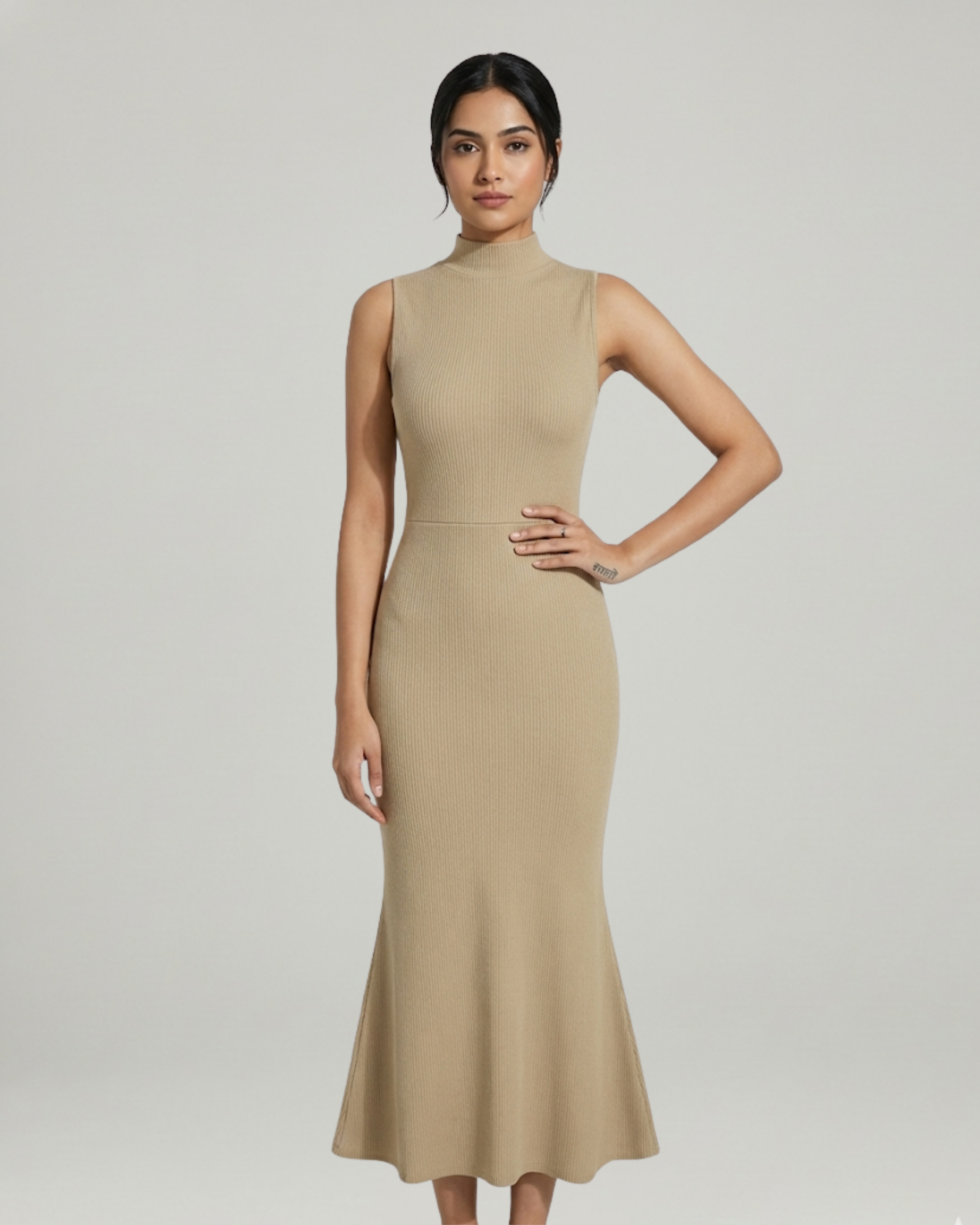 High-Neck Mermaid Silhouette Maxi Dress-Cream