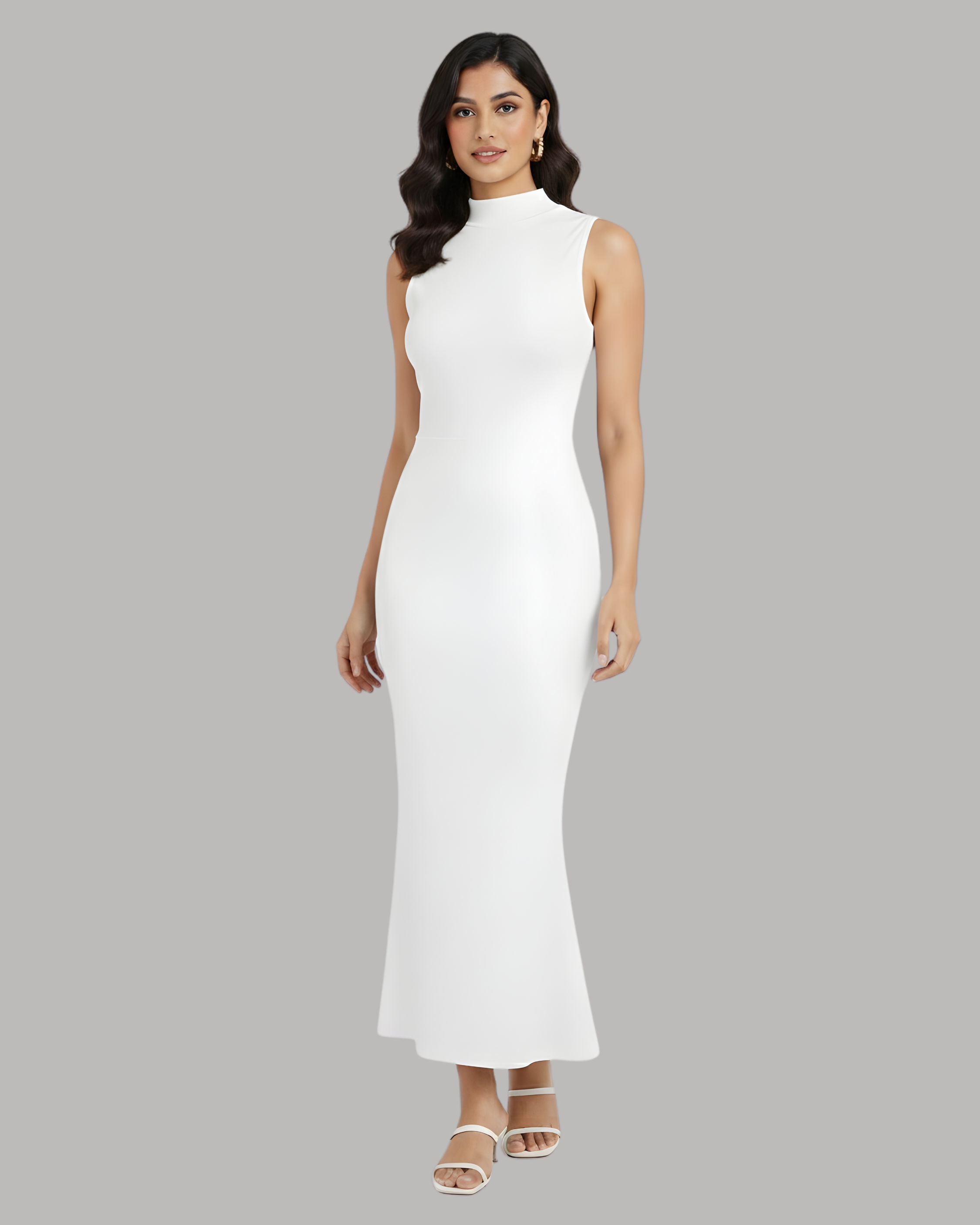 High-Neck Mermaid Silhouette Maxi Dress - White