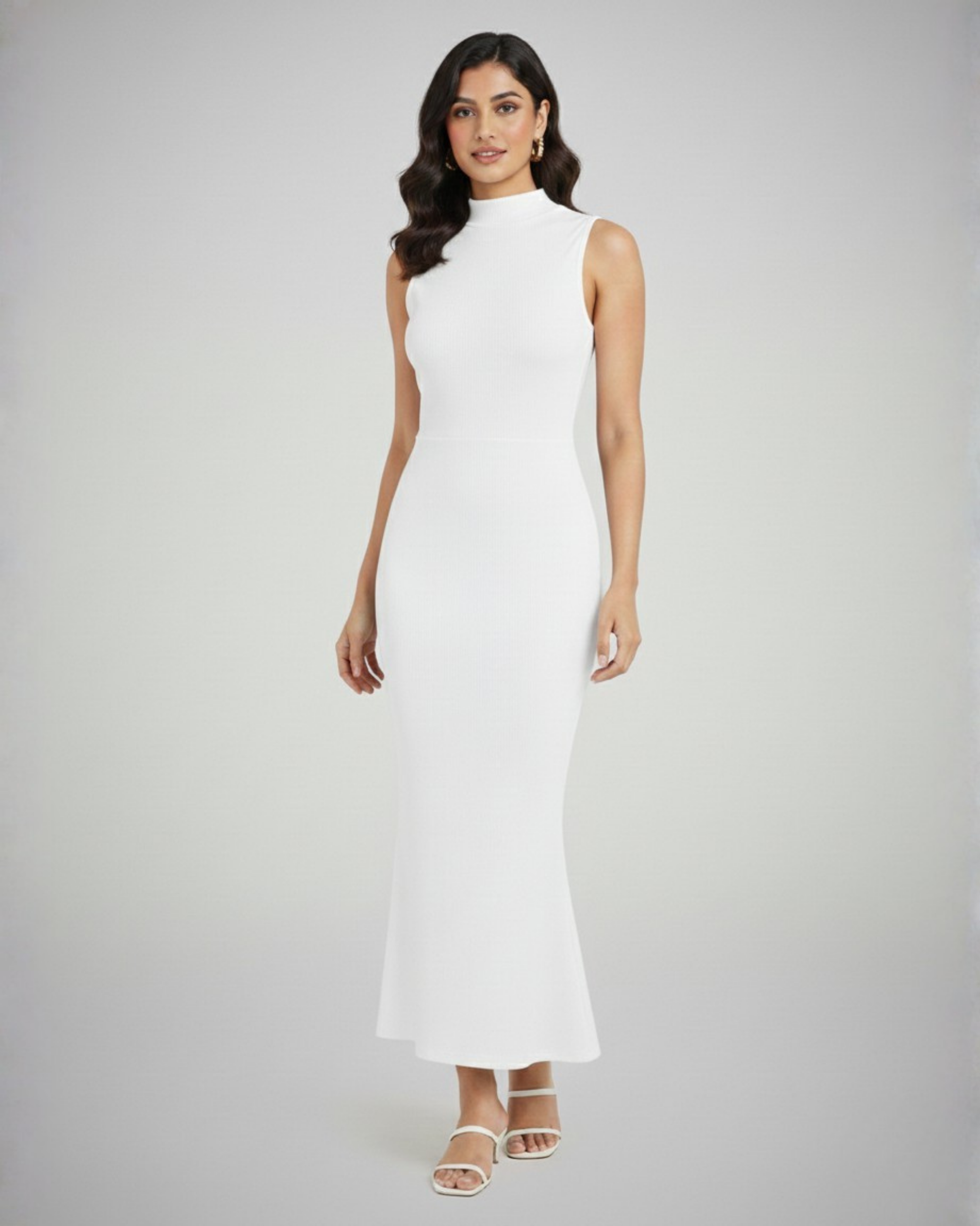 High-Neck Mermaid Silhouette Maxi Dress - White