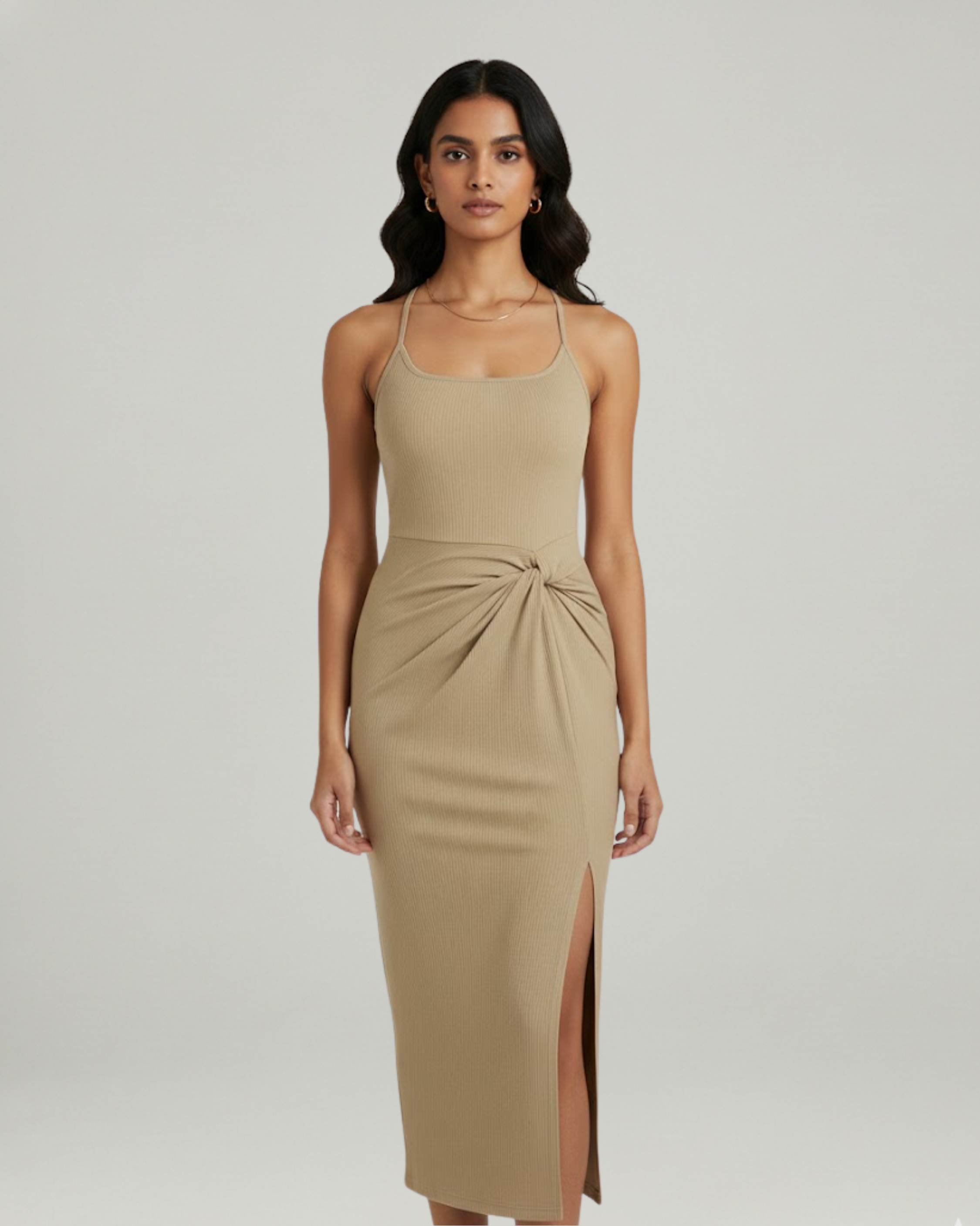 Criss-Cross Twist U-Neck Maxi Dress-Cream