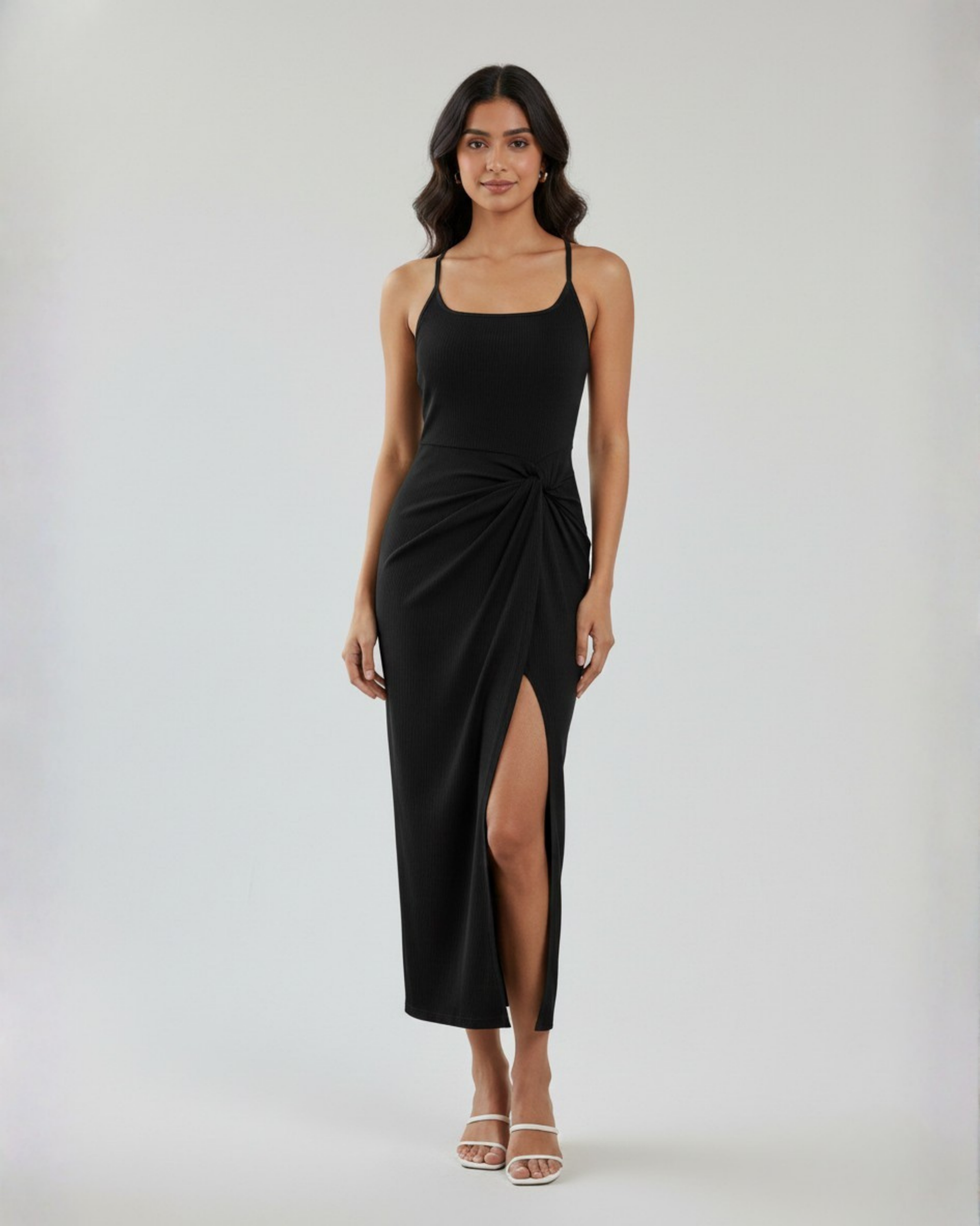 Criss-Cross Twist U-Neck Maxi Dress - Black