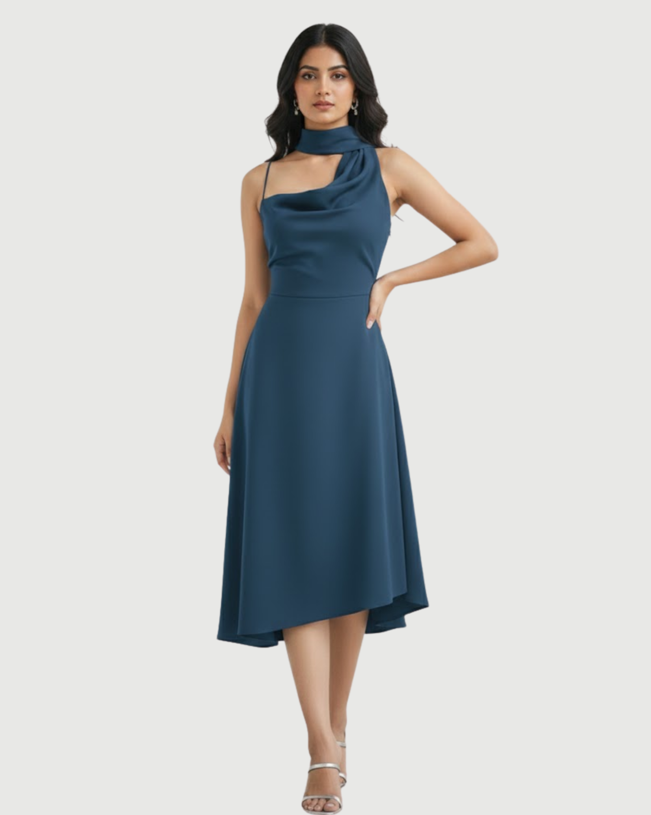 Draped Cowl Neck Ruched Midi Slip Dress-Blue