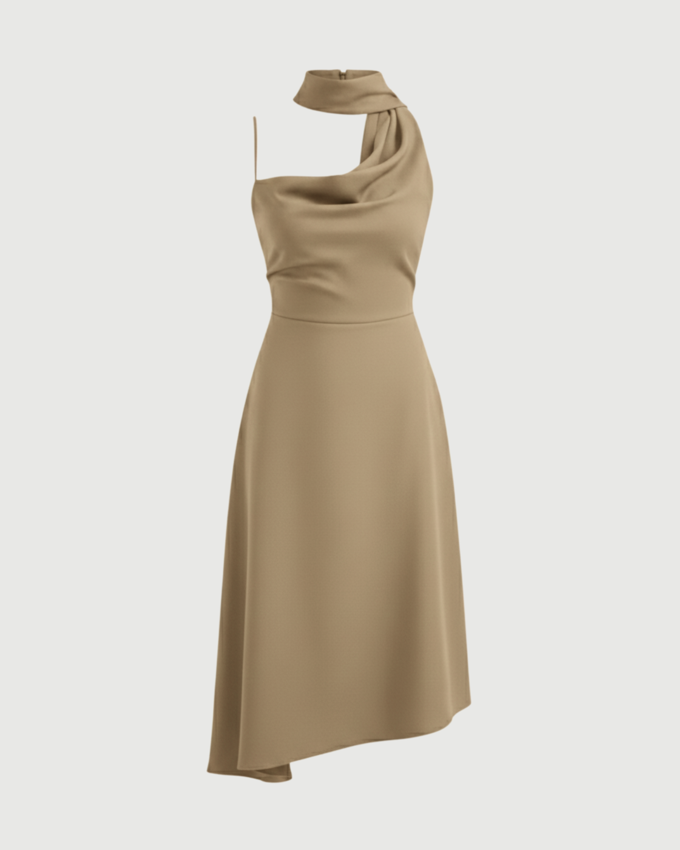 Draped Cowl Neck Ruched Midi Slip Dress-Cream