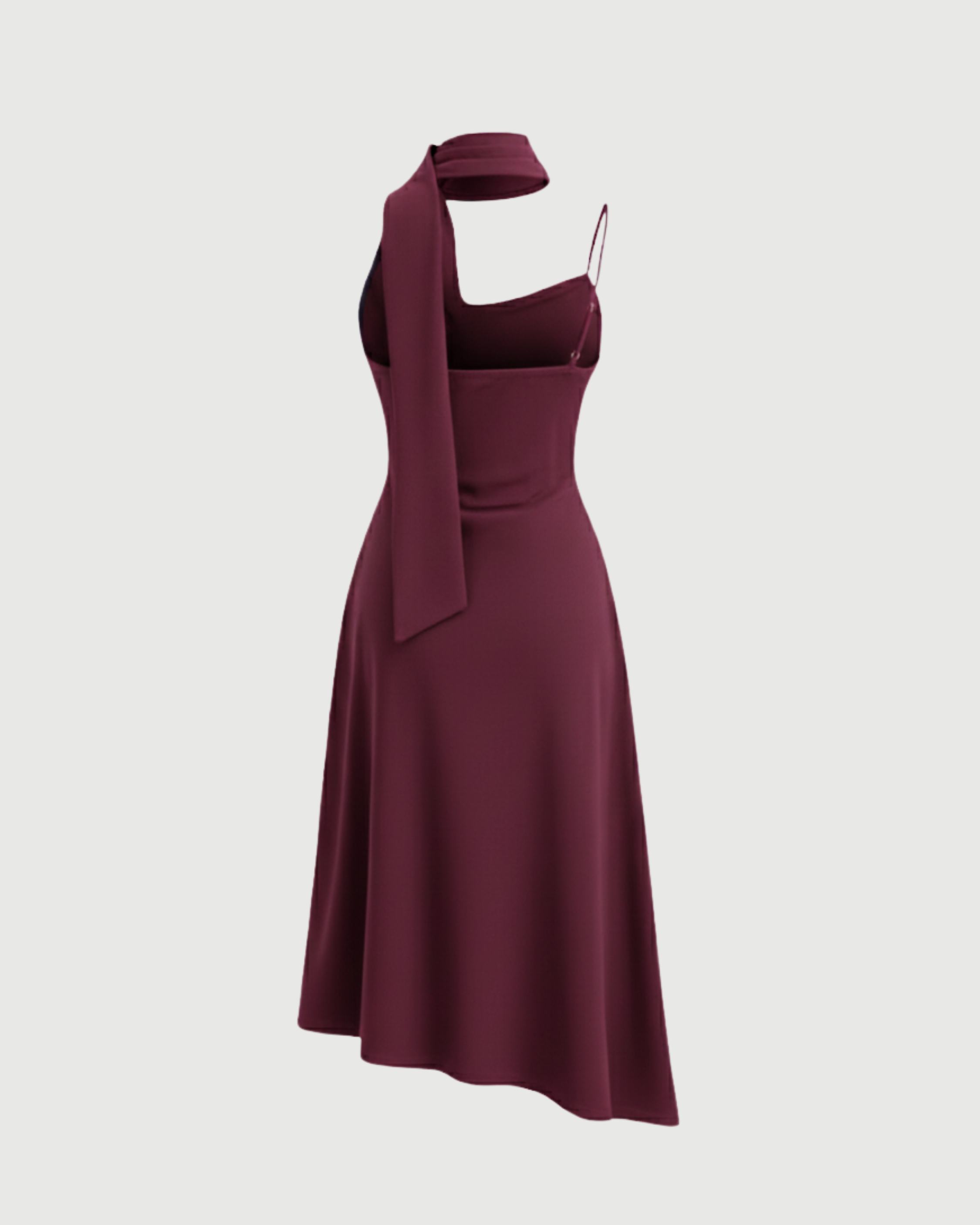Draped Cowl Neck Ruched Midi Slip Dress-Maroon