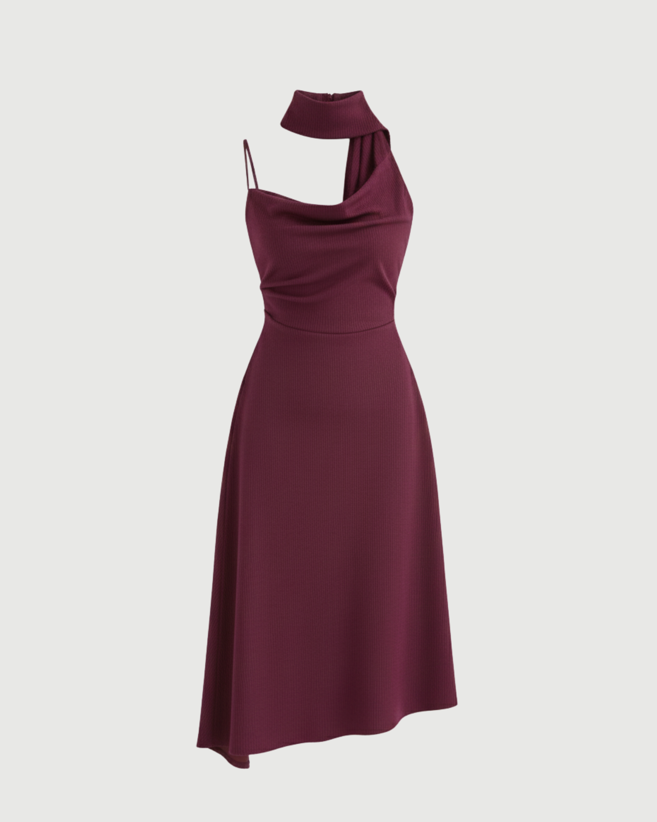 Draped Cowl Neck Ruched Midi Slip Dress-Maroon