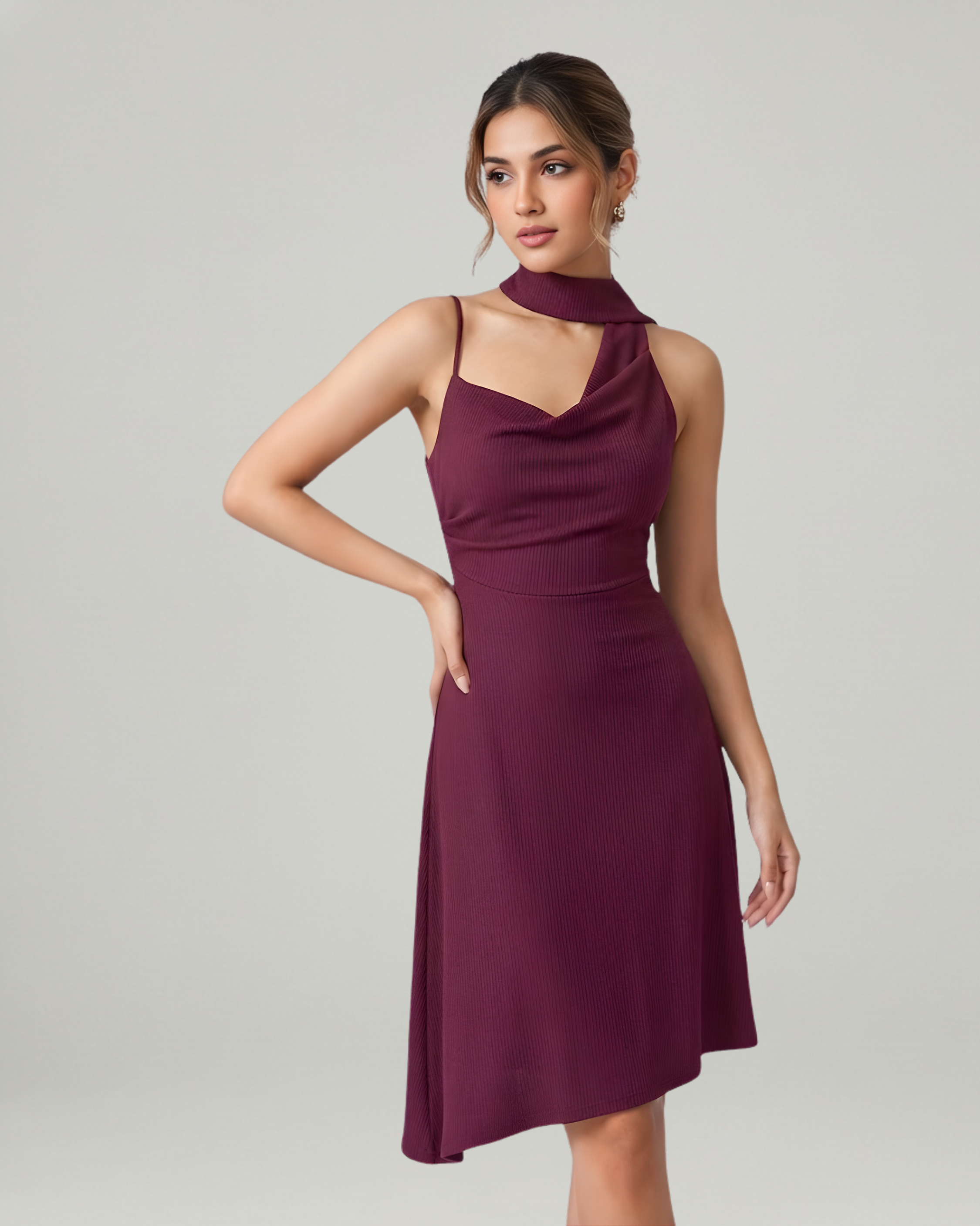 Draped Cowl Neck Ruched Midi Slip Dress-Maroon