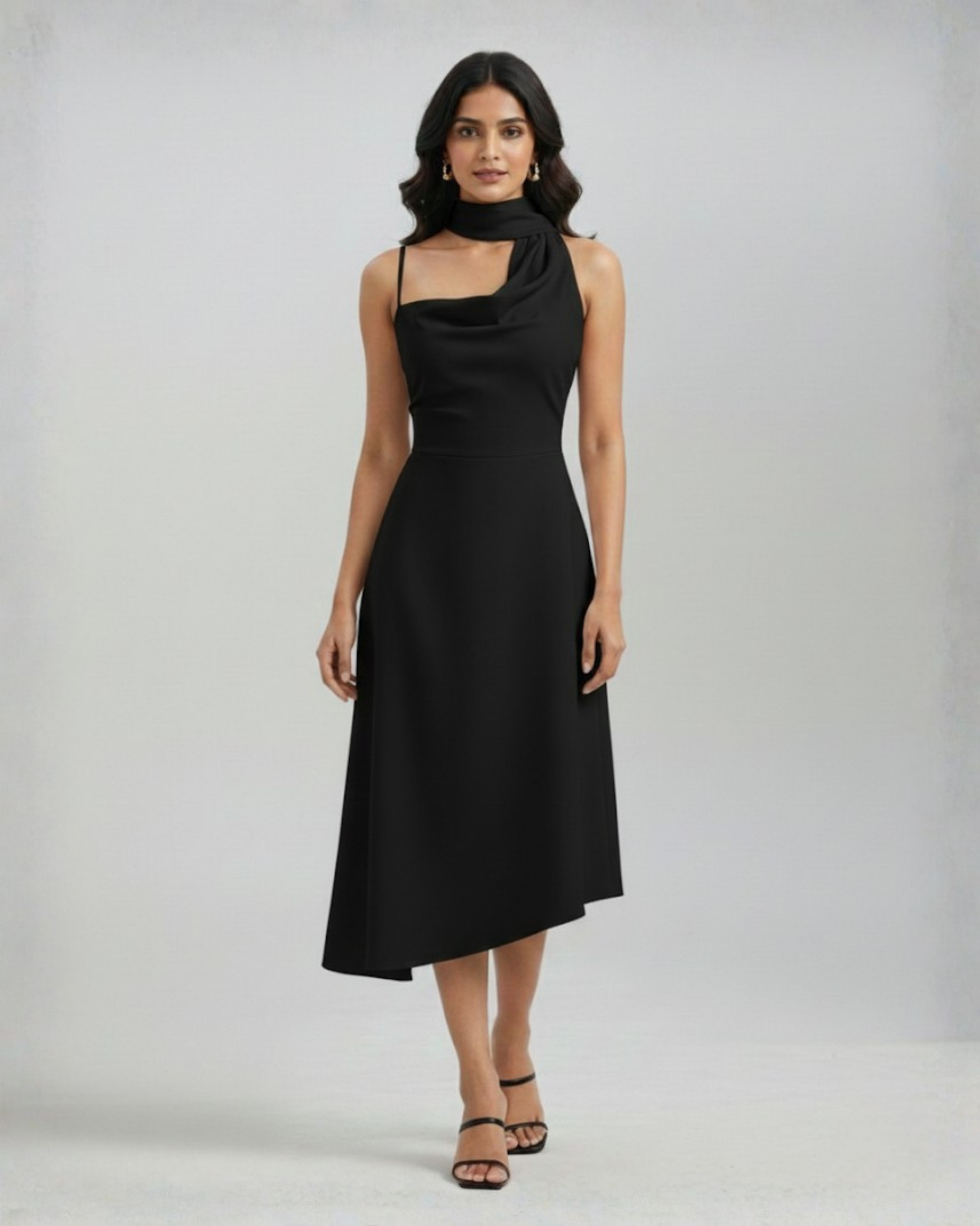 Draped Cowl Neck Ruched Midi Slip Dress - Black