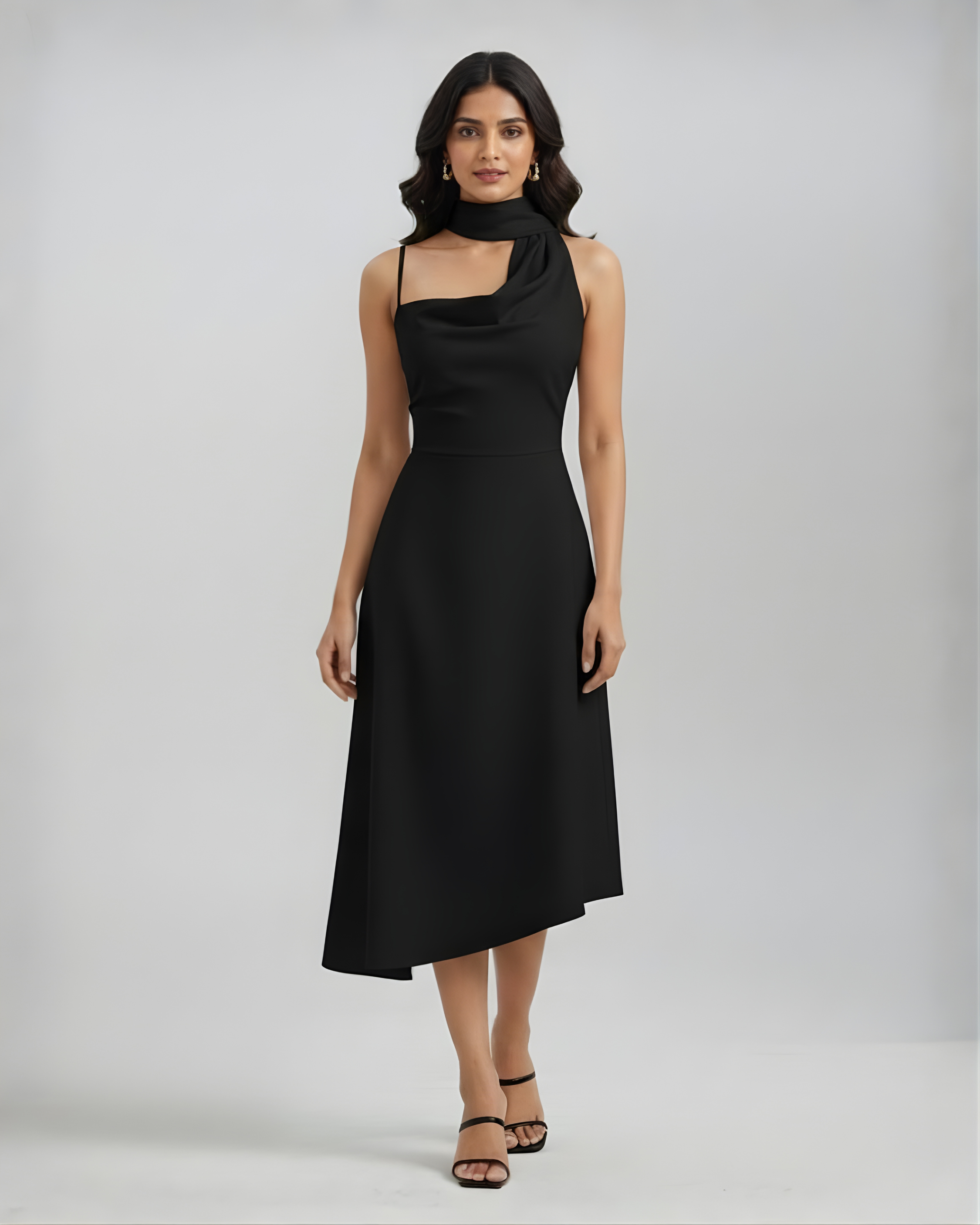 Draped Cowl Neck Ruched Midi Slip Dress - Black