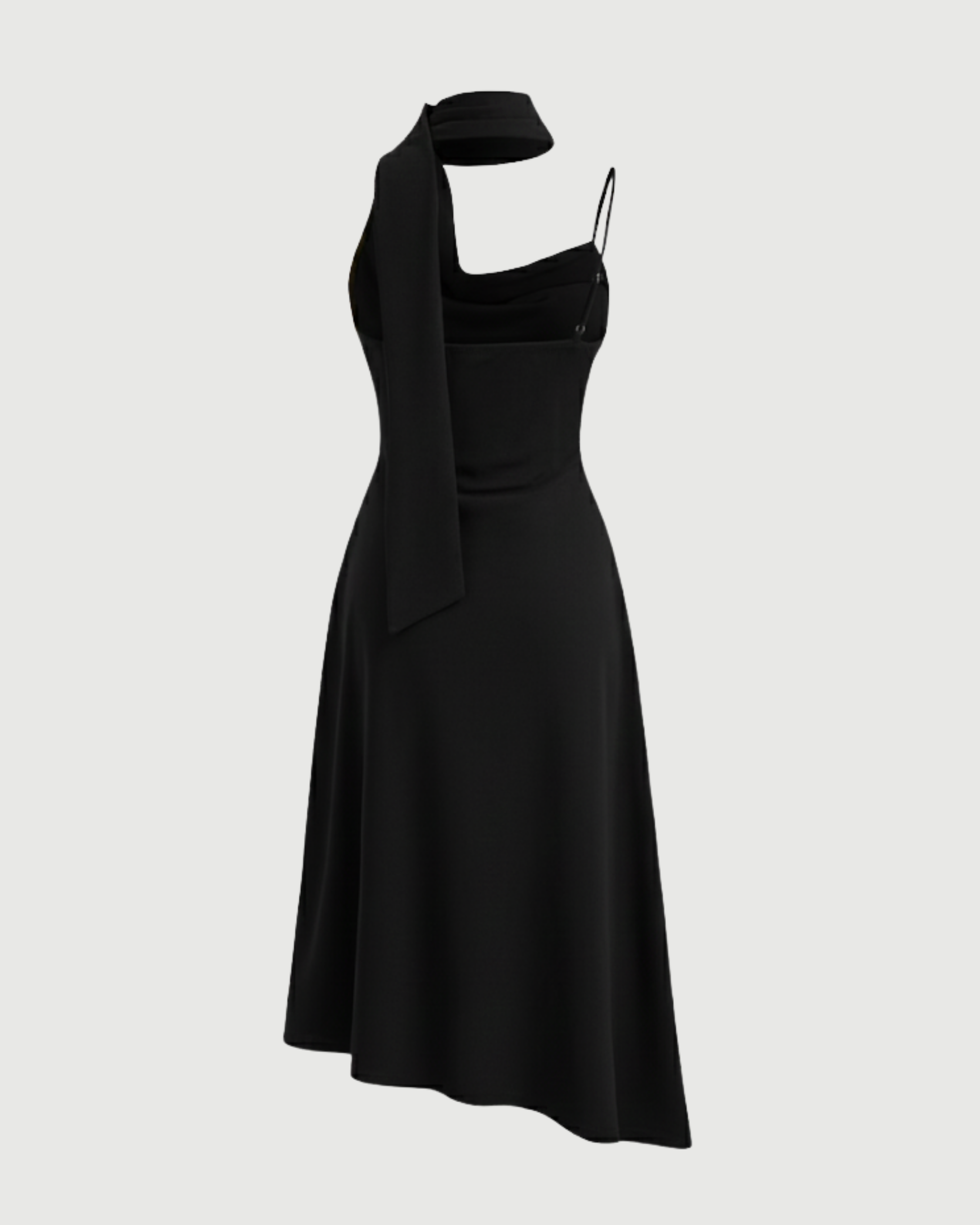 Draped Cowl Neck Ruched Midi Slip Dress - Black