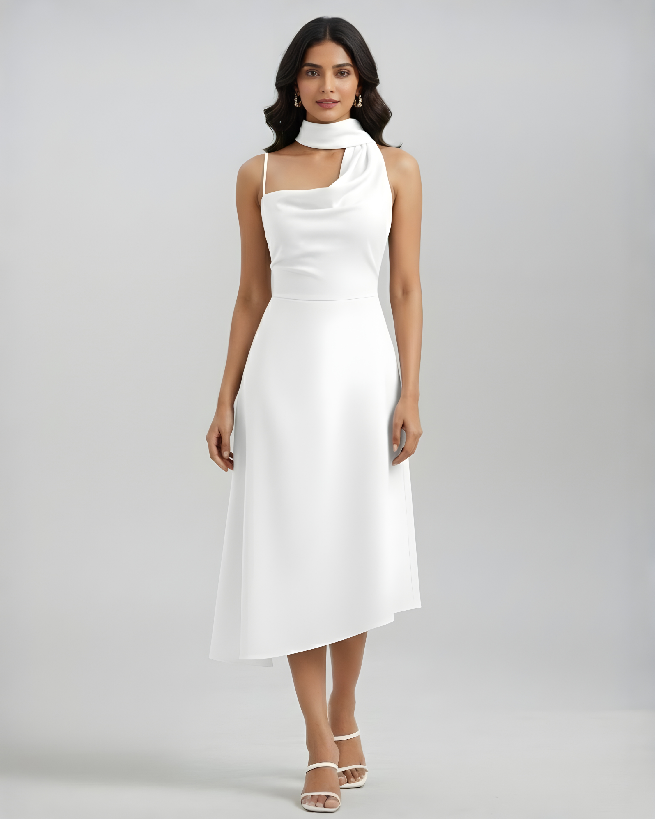 Draped Cowl Neck Ruched Midi Slip Dress - White