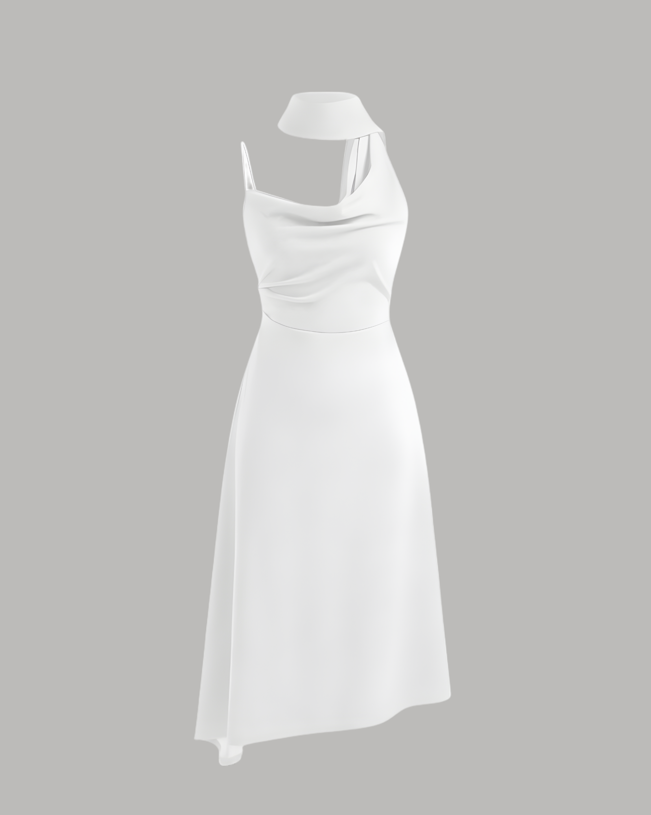 Draped Cowl Neck Ruched Midi Slip Dress - White